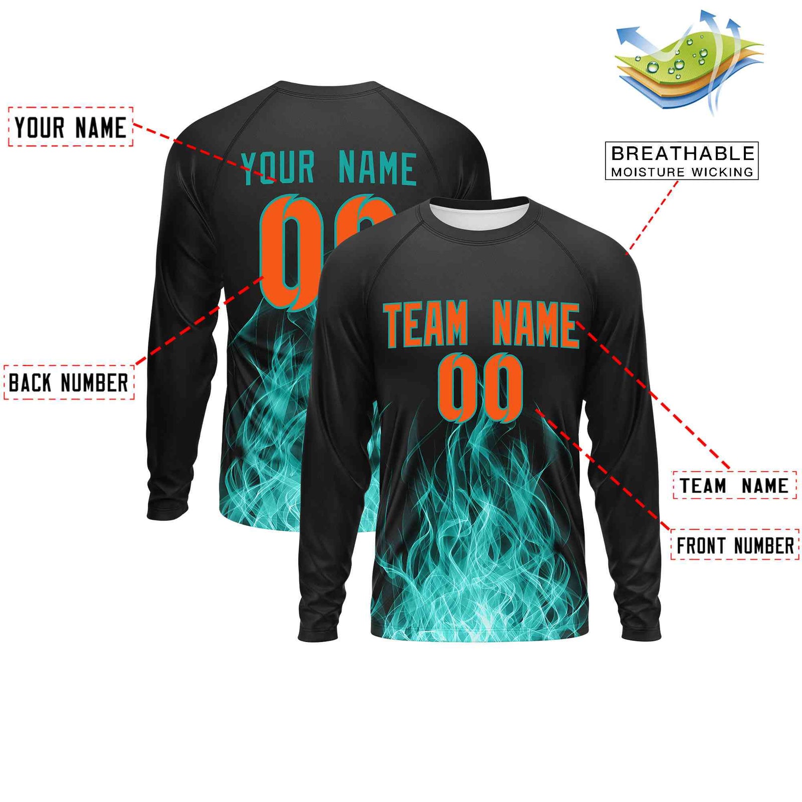 Custom Black Aqua Colorful Flame Pattern Long Sleeve Performance T-Shirt