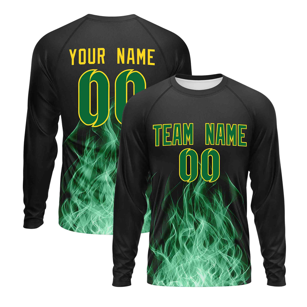 Custom Black Kelly Green Colorful Flame Pattern Long Sleeve Performance T-Shirt