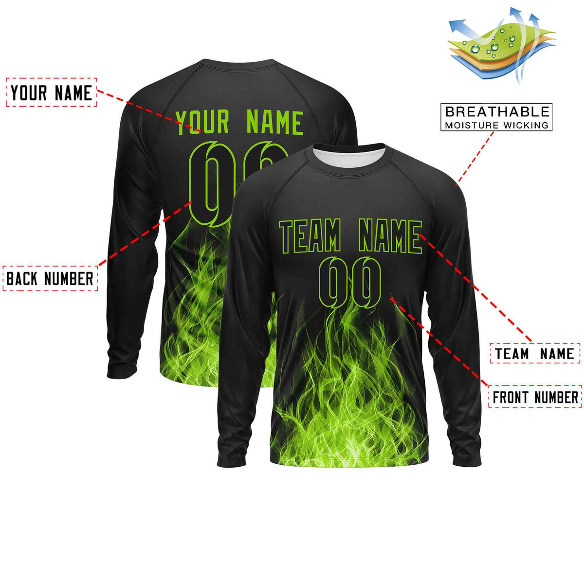 Custom Black Neon Green Colorful Flame Pattern Long Sleeve Performance T-Shirt