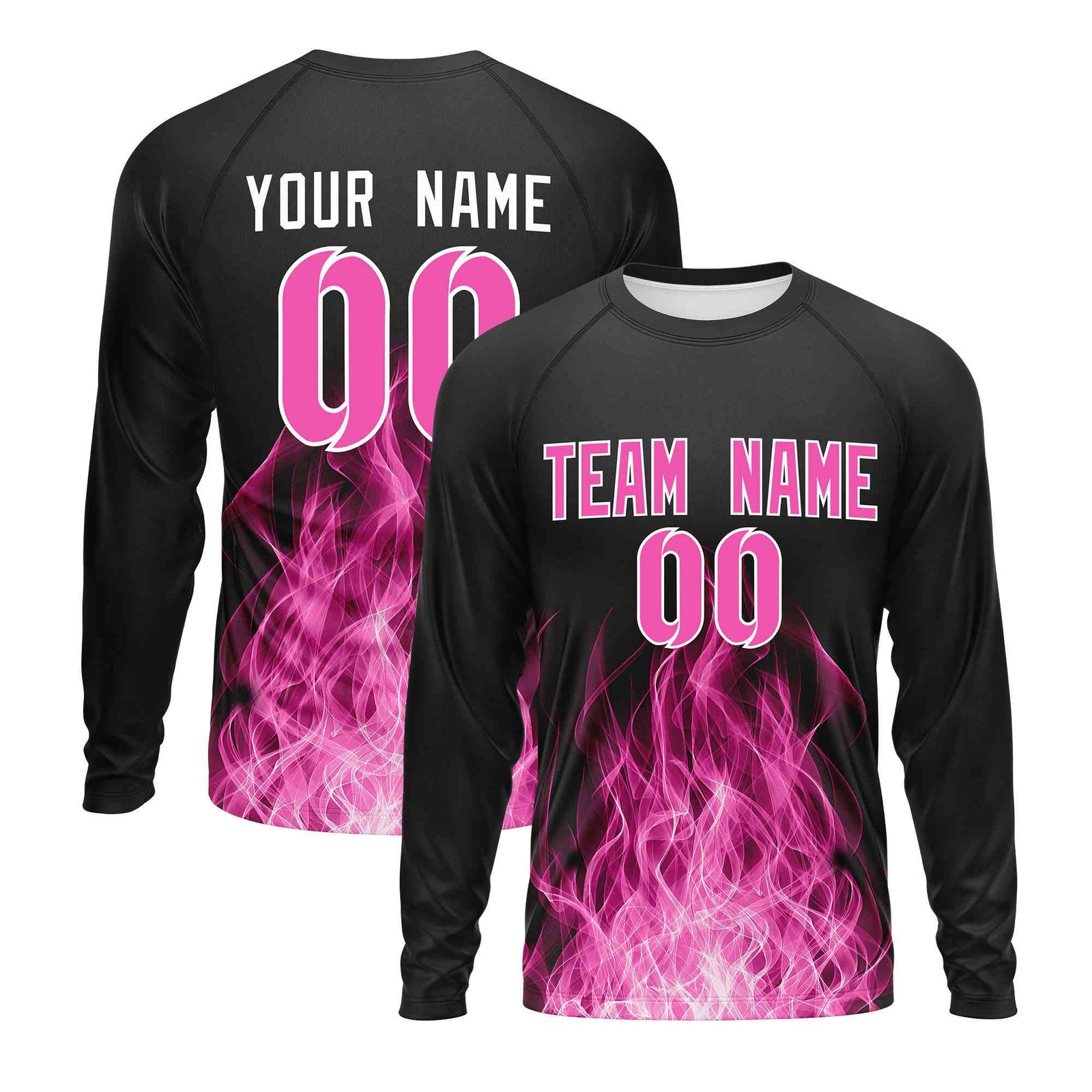 Custom Black Pink Colorful Flame Pattern Long Sleeve Performance T-Shirt