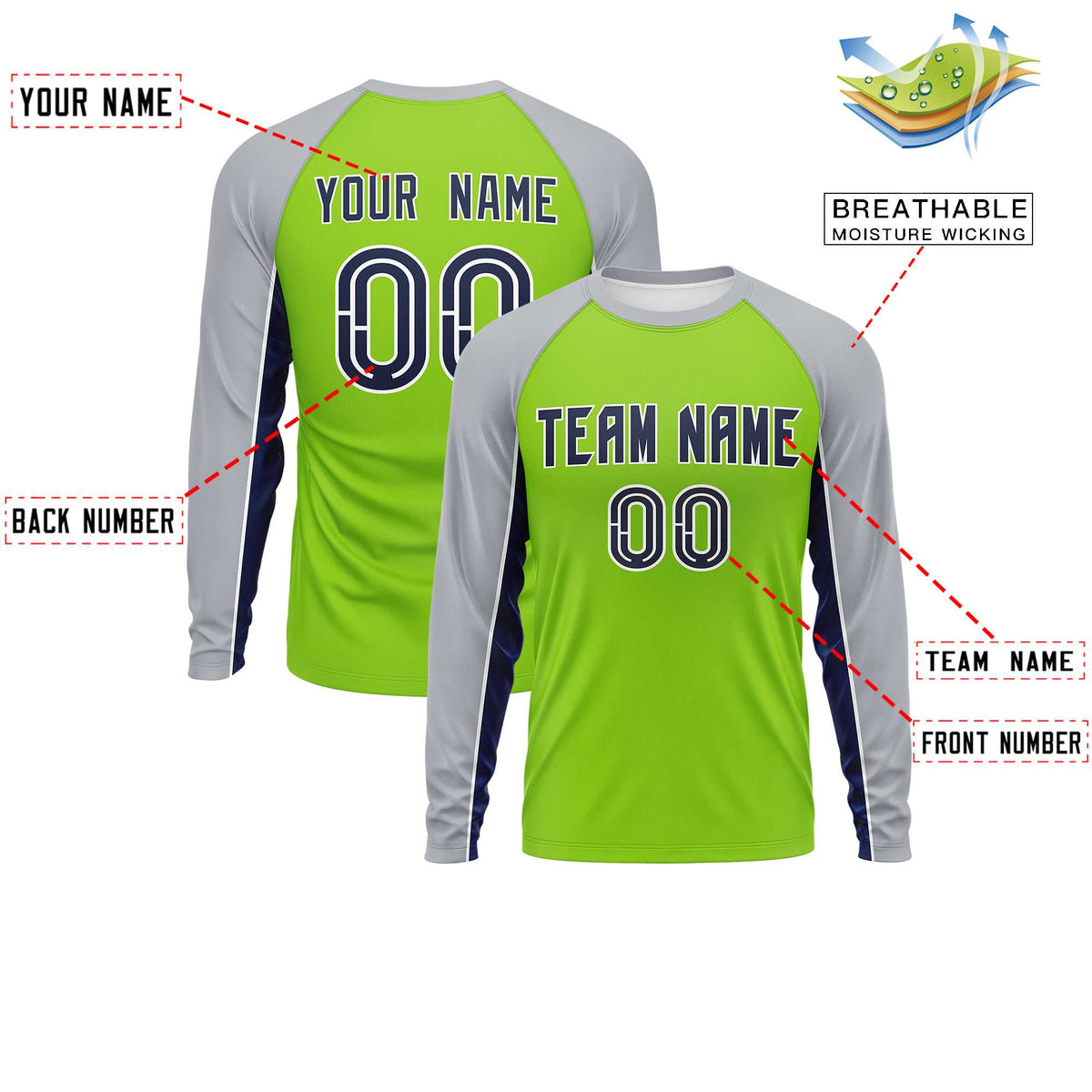 Custom Neon Green Gray Crew Neck Raglan Long Sleeve Performance T-Shirt