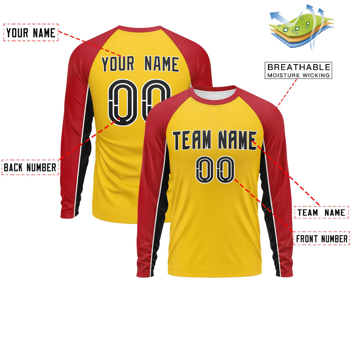 Custom Gold Red Crew Neck Raglan Long Sleeve Performance T-Shirt