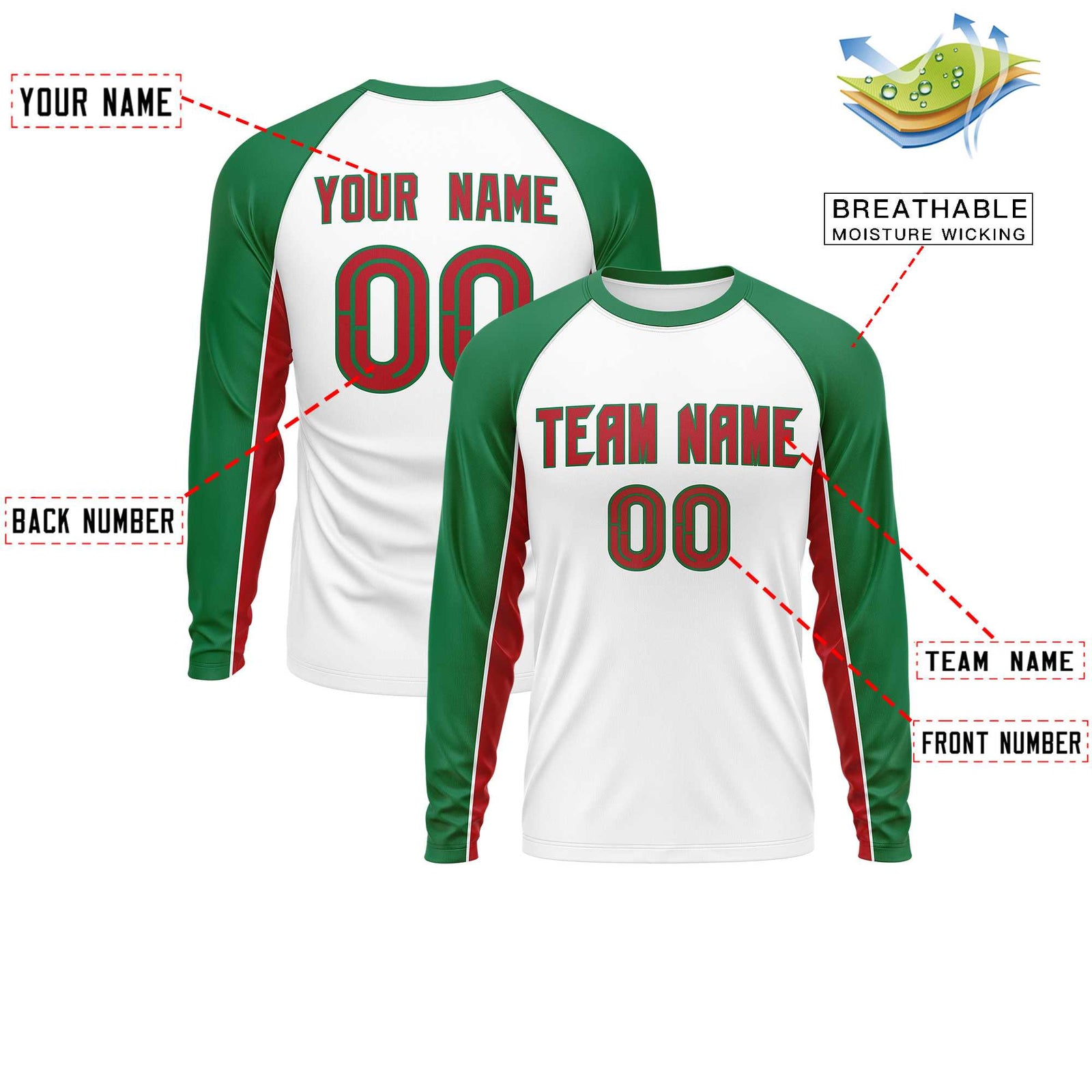 Custom White Kelly Green Crew Neck Raglan Long Sleeve Performance T-Shirt