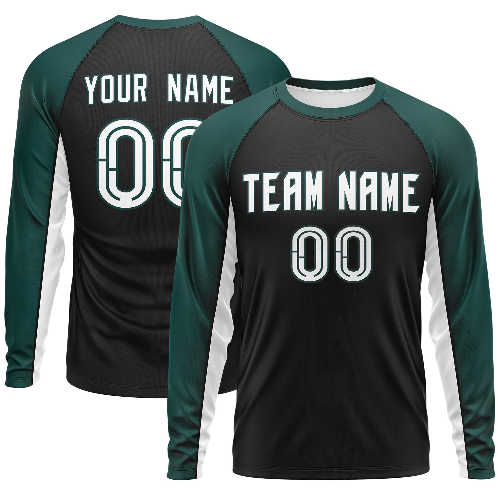 Custom Black Midnight Green Crew Neck Raglan Long Sleeve Performance T-Shirt