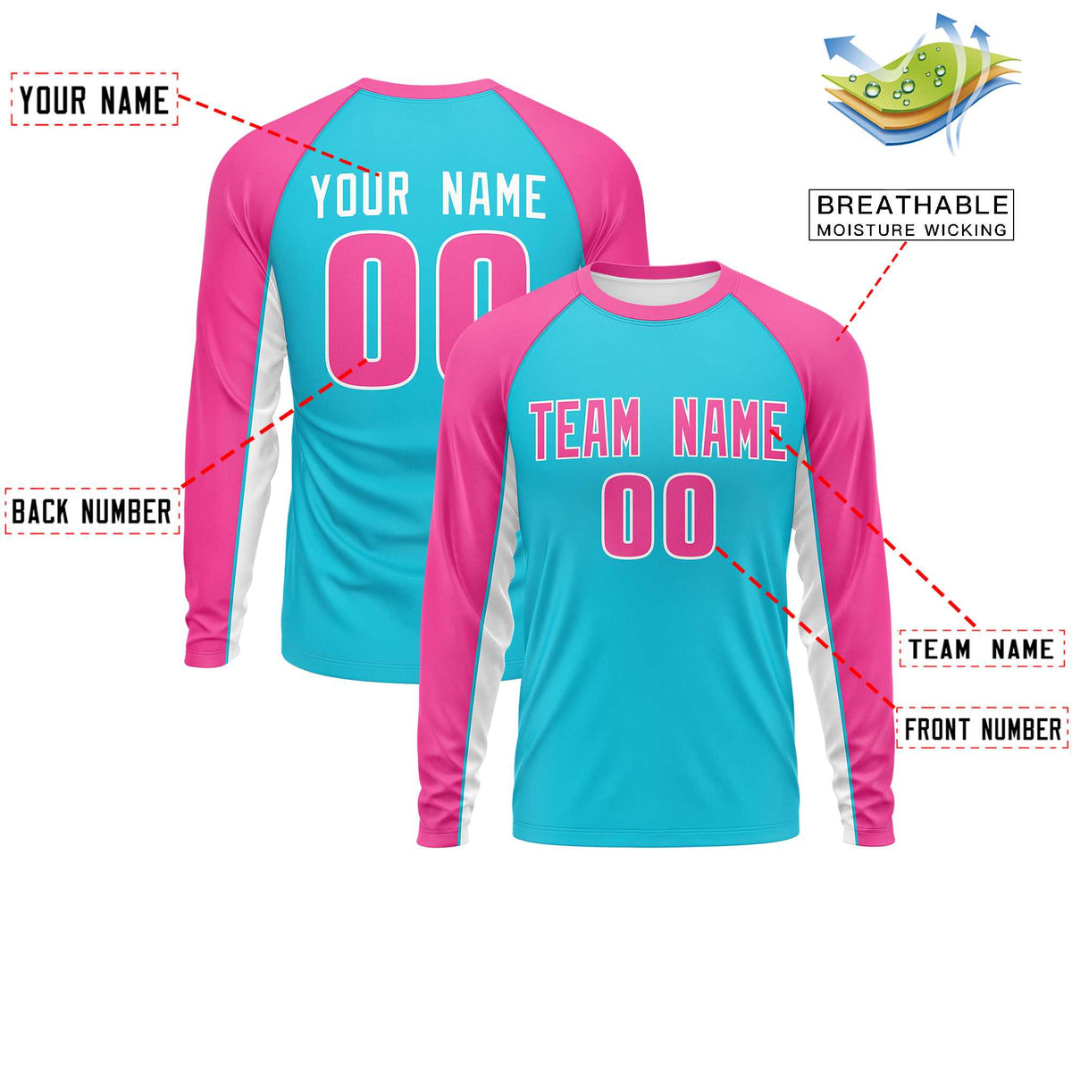 Custom Sky Blue Pink Crew Neck Raglan Long Sleeve Performance T-Shirt