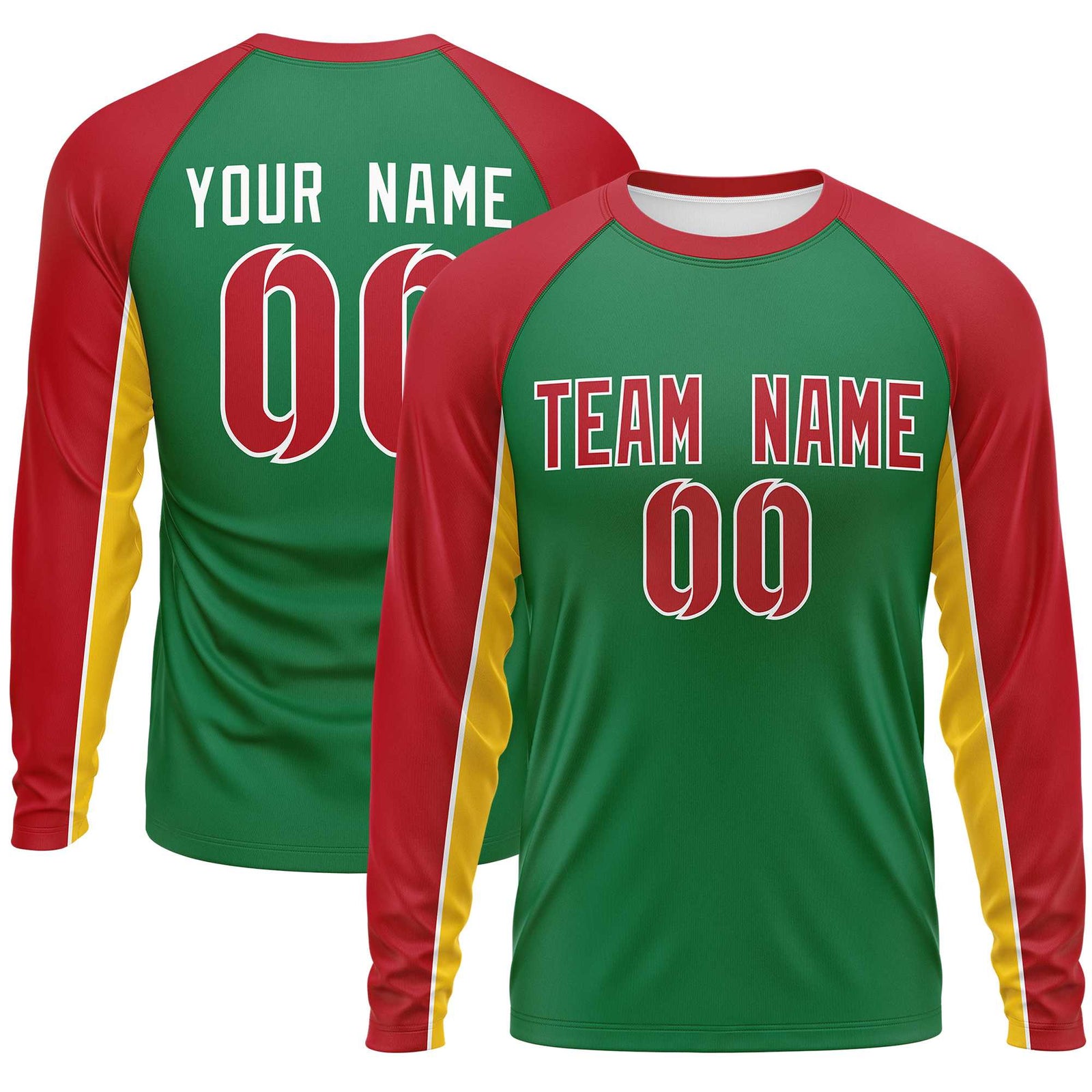 Custom Kelly Green Red Crew Neck Raglan Long Sleeve Performance T-Shirt