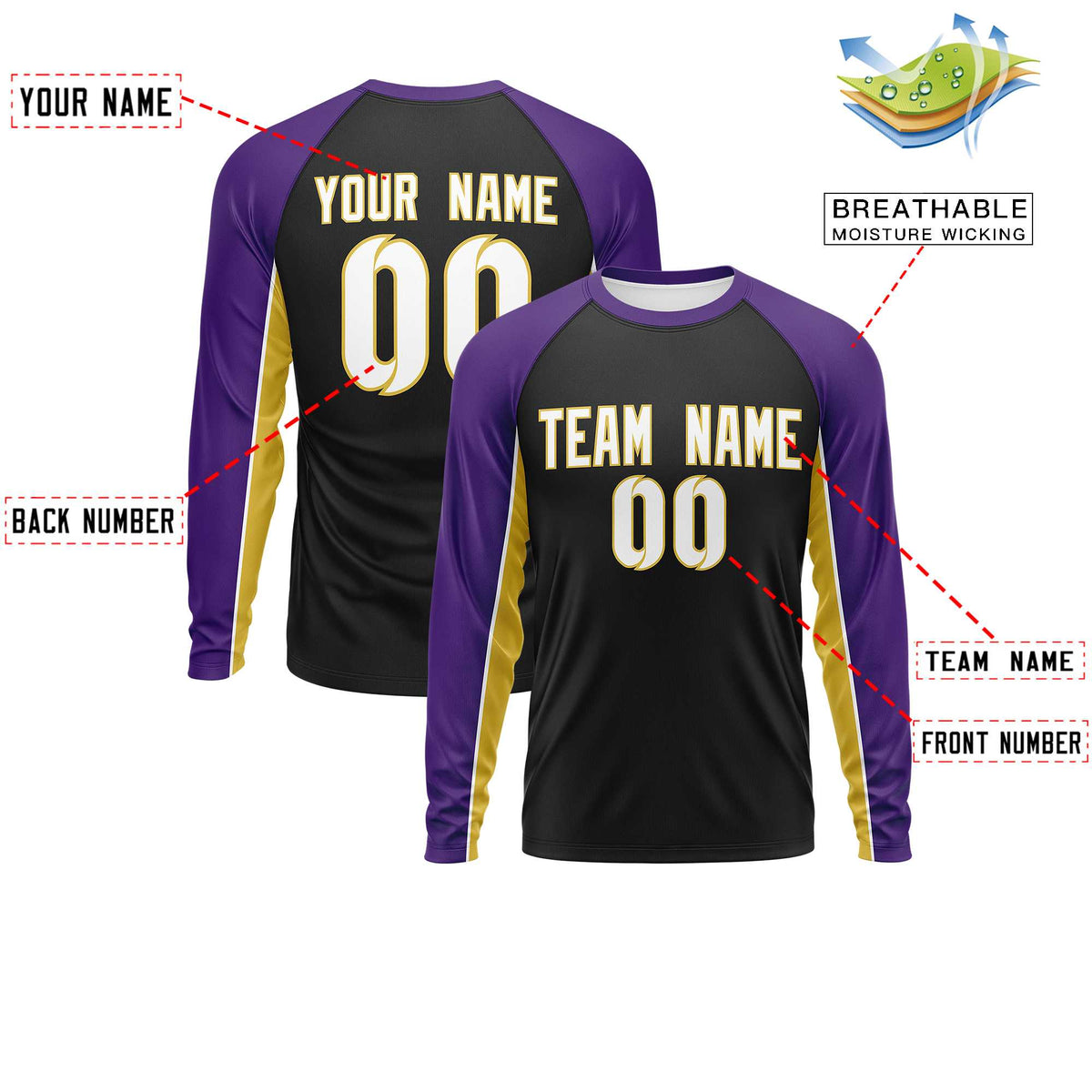 Custom Black Purple Crew Neck Raglan Long Sleeve Performance T-Shirt