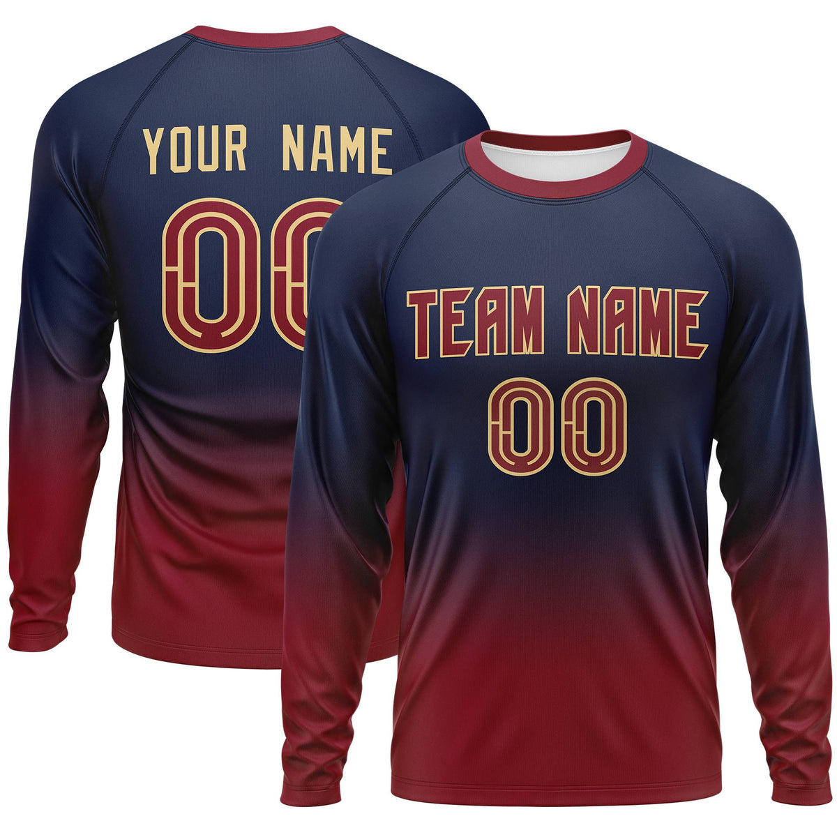 Custom Navy-Crimson Gradient Fashion Design Long Sleeve Performance T-Shirt