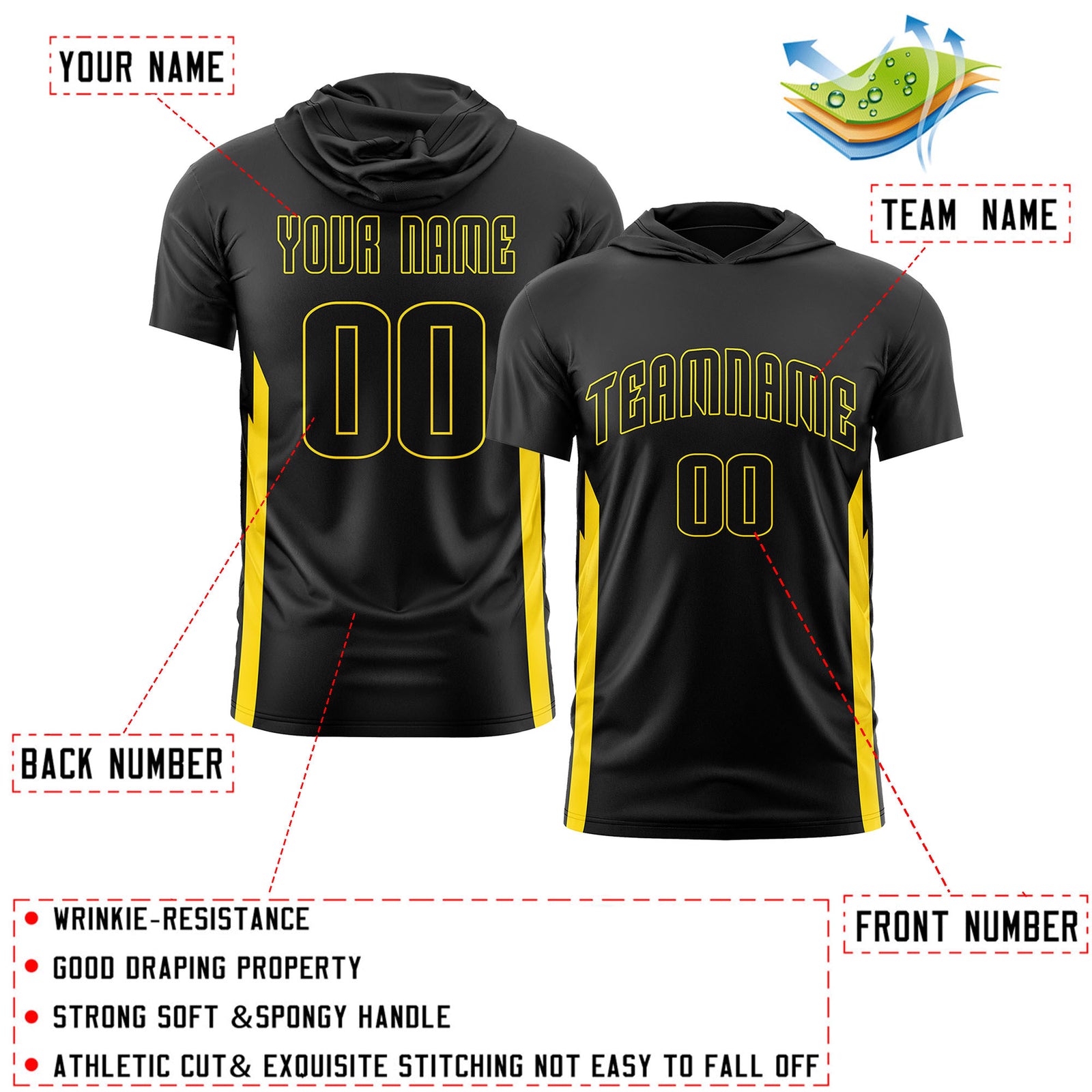 Custom Black Hoodie Short Sleeves Quick Dry Lightweight