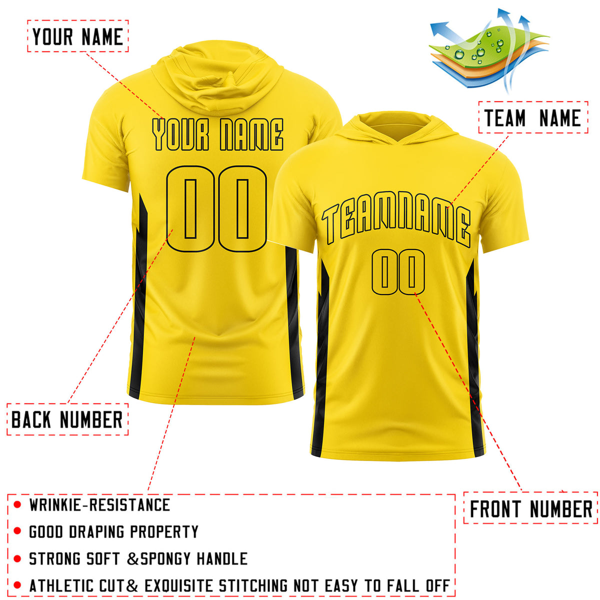 Custom Black Hoodie Short Sleeves Quick Dry Lightweight