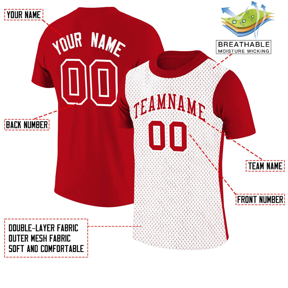 Custom Red White Mesh Two Tone T-Shirt