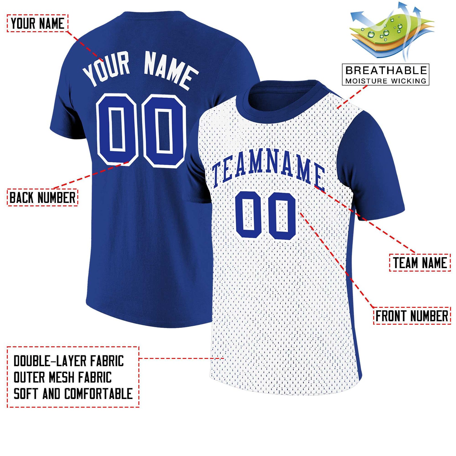 Custom Royal Blue White Mesh Two Tone T-Shirt