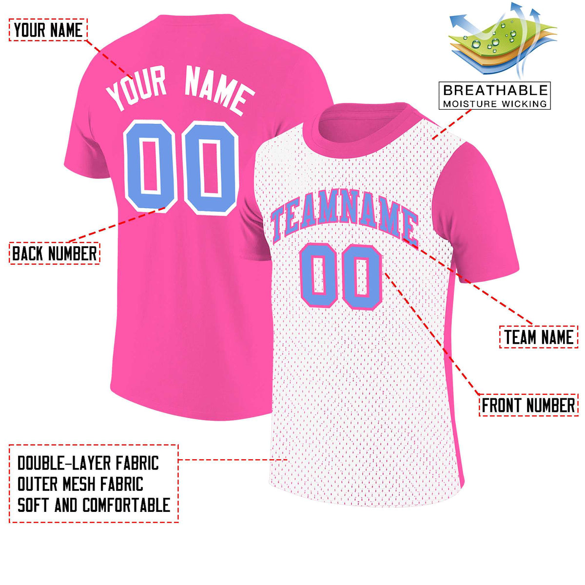 Custom Pink White Mesh Two Tone T-Shirt