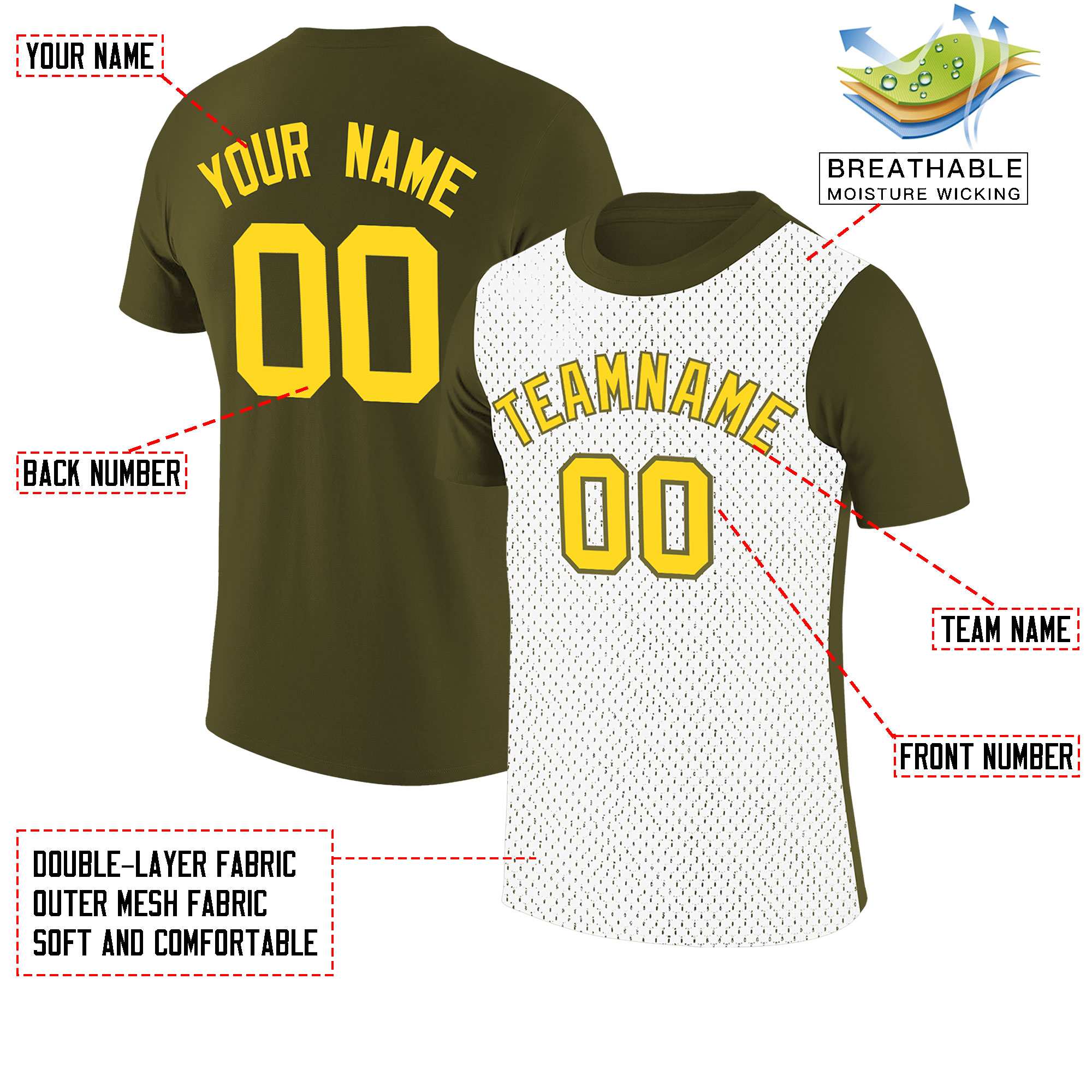 Custom Olive White Mesh Two Tone T-Shirt