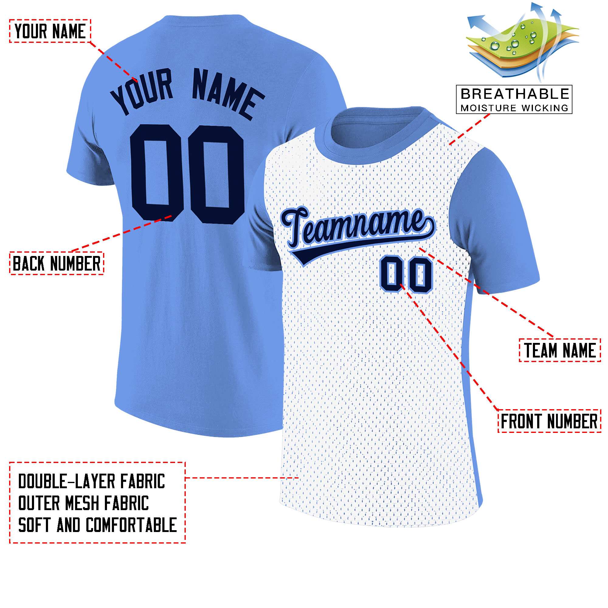 Custom Light Blue White Mesh Two Tone T-Shirt