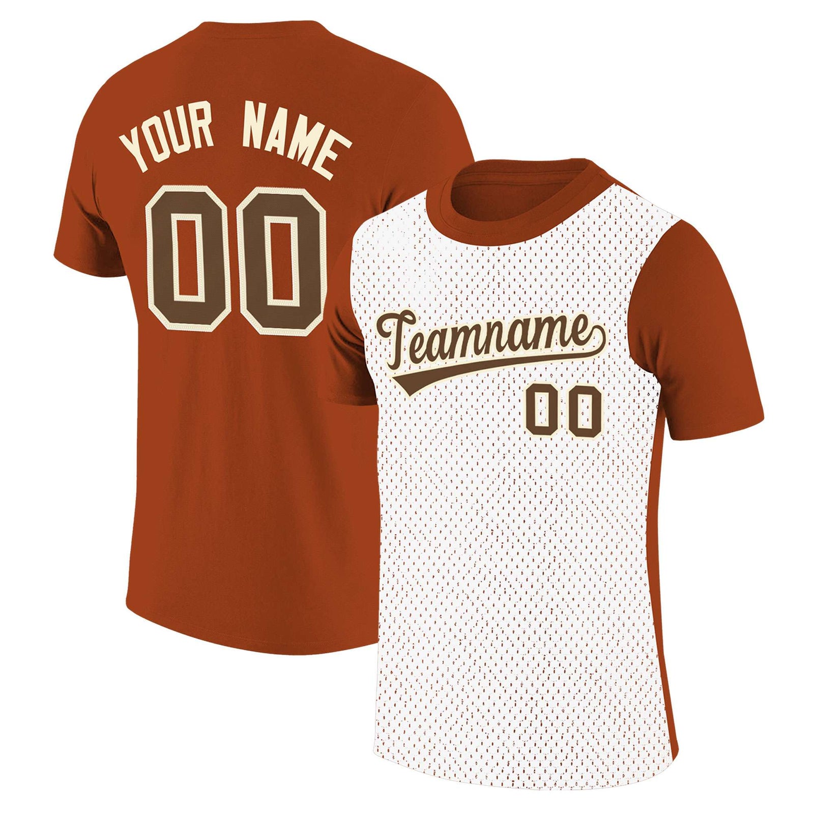 Custom Dark Orange White Mesh Two Tone T-Shirt