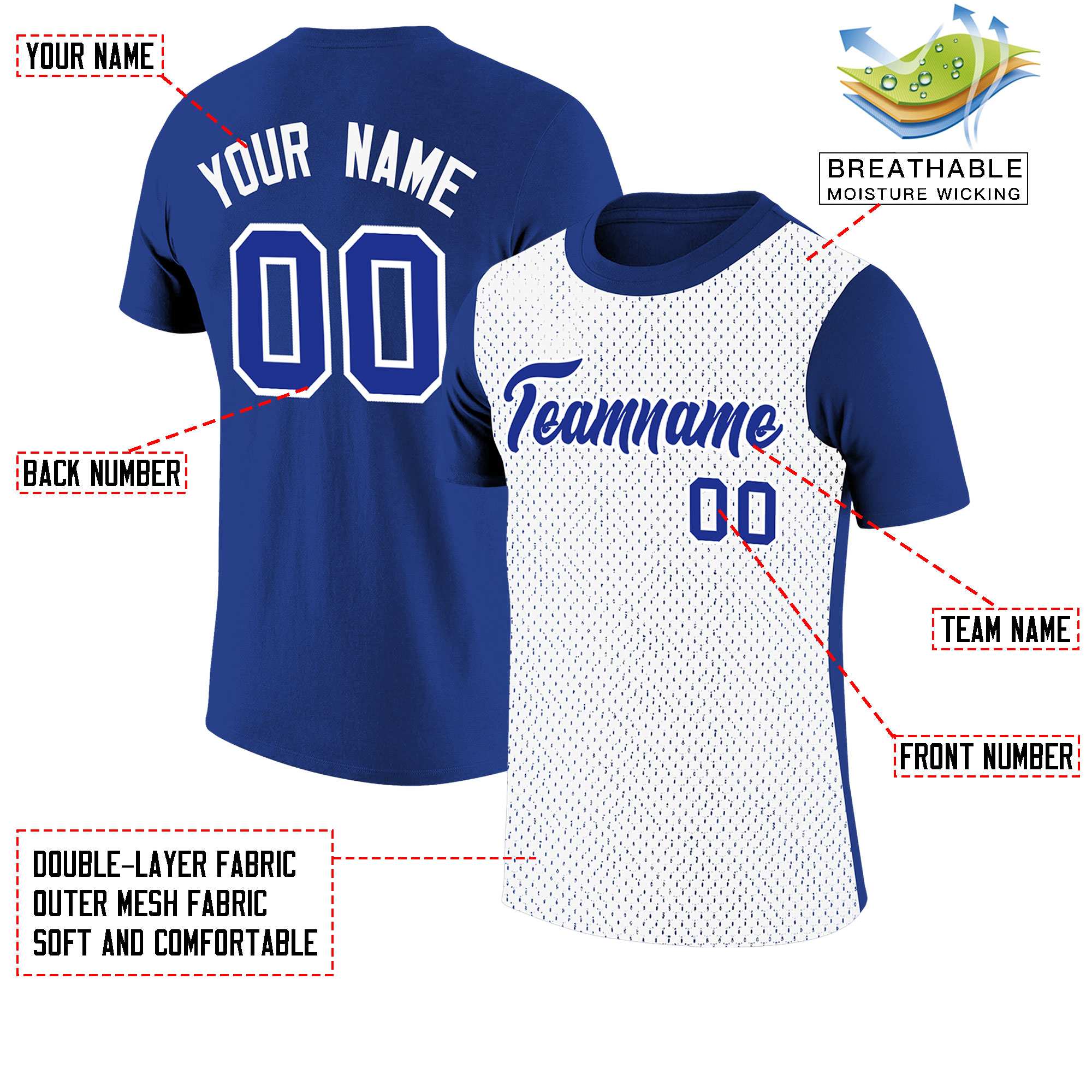 Custom Royal Blue White Mesh Two Tone T-Shirt