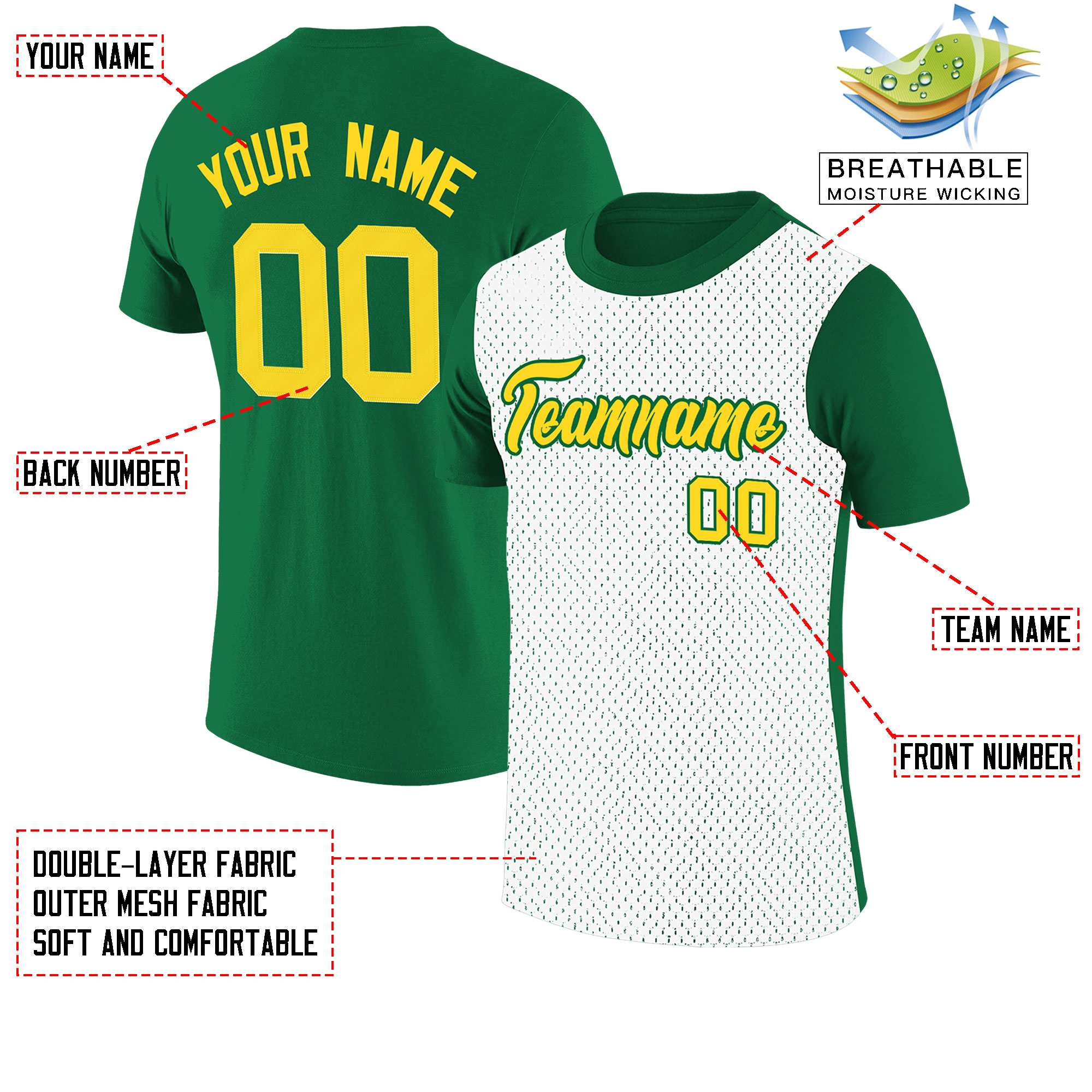 Custom Kelly Green White Mesh Two Tone T-Shirt