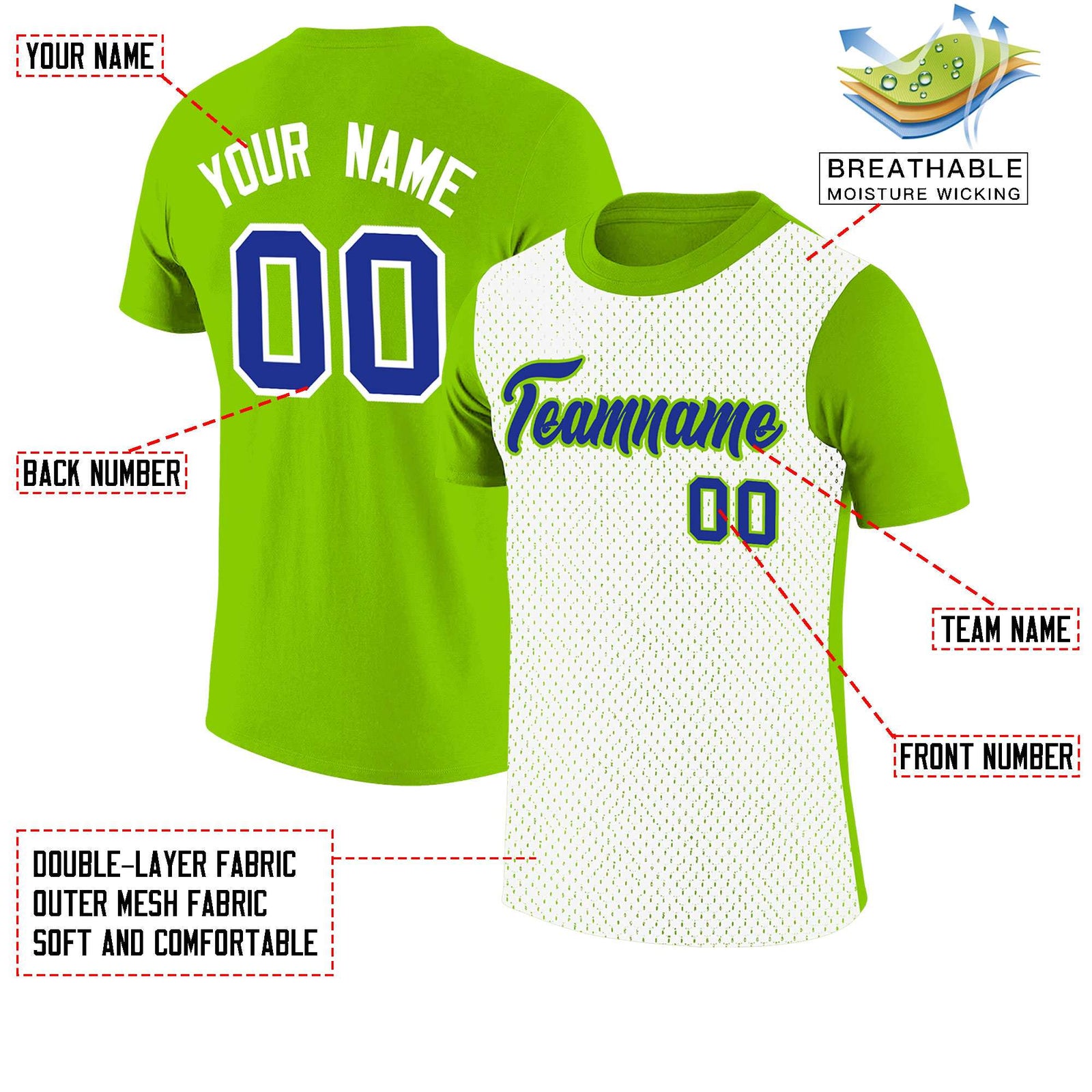 Custom Neon Green White Mesh Two Tone T-Shirt