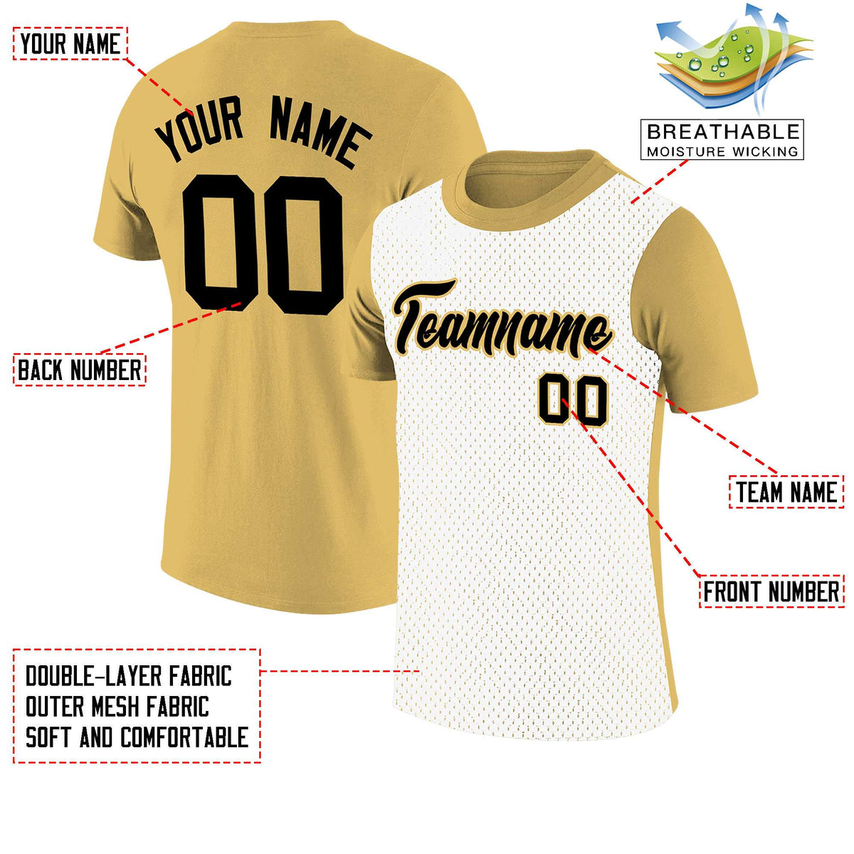 Custom Old Gold White Mesh Two Tone T-Shirt