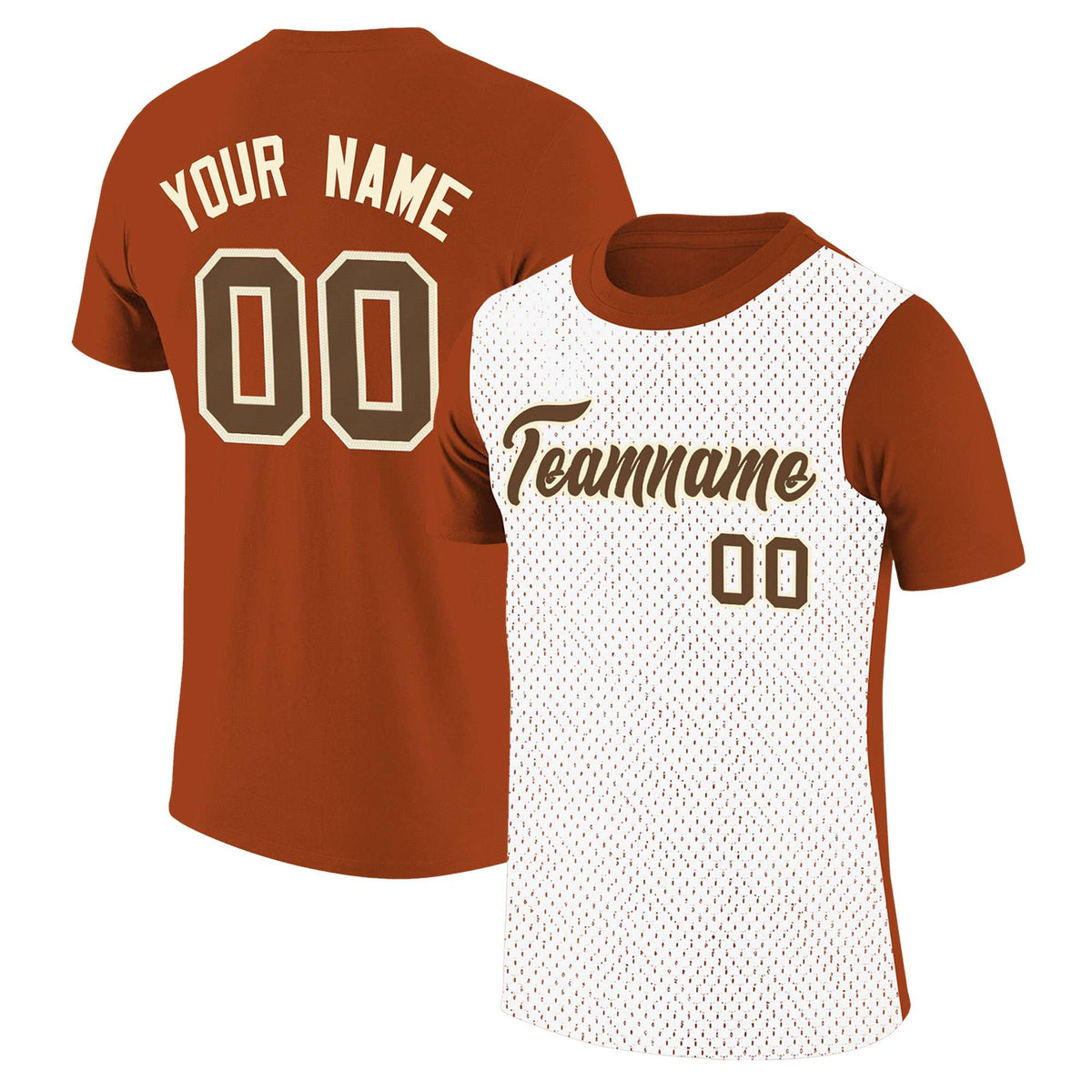Custom Dark Orange White Mesh Two Tone T-Shirt