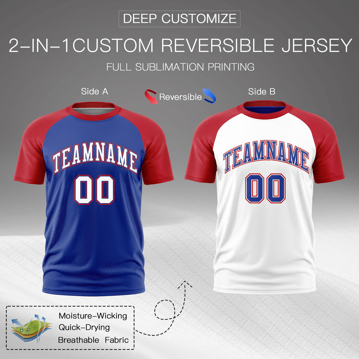 Custom Royal Blue Red White Reversible Raglan Sleeves Quick Dry T-shirt| KXKSHOP