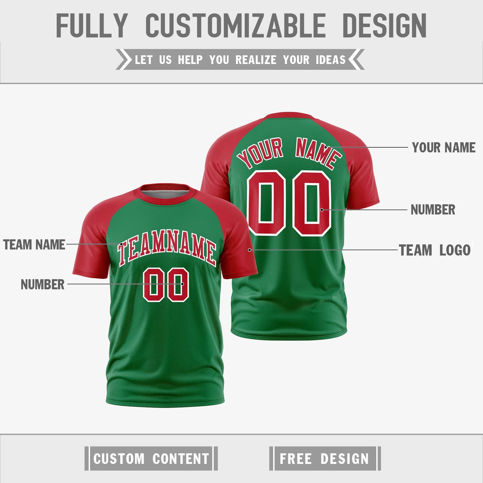 Custom Kelly Green Red White Reversible Raglan Sleeves Quick Dry T-shirt| KXKSHOP
