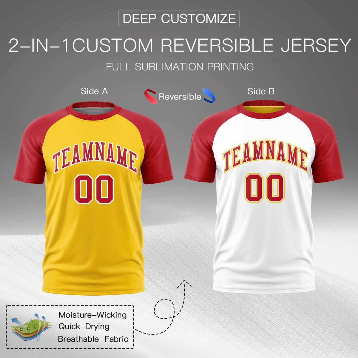 Custom Gold Red White Reversible Raglan Sleeves Moisture-Wicking T-shirt| KXKSHOP