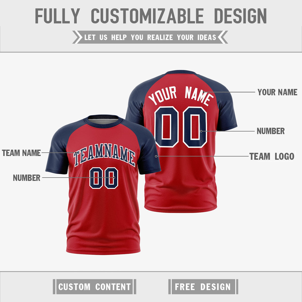 Custom Red Navy White Reversible Raglan Sleeves Quick Dry T-shirt| KXKSHOP