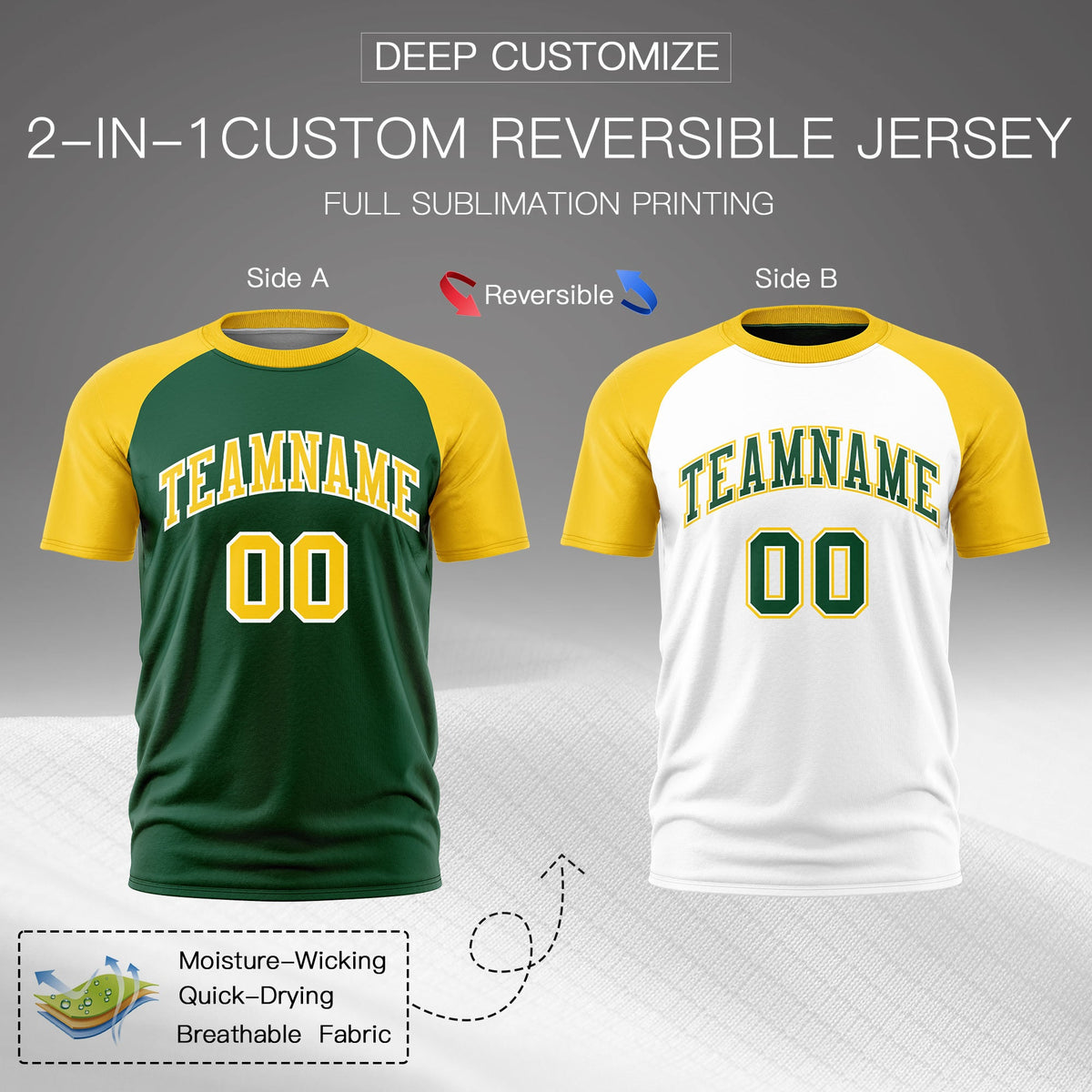 Custom Dark Green White Gold Reversible Raglan Sleeves Moisture-Wicking T-shirt| KXKSHOP