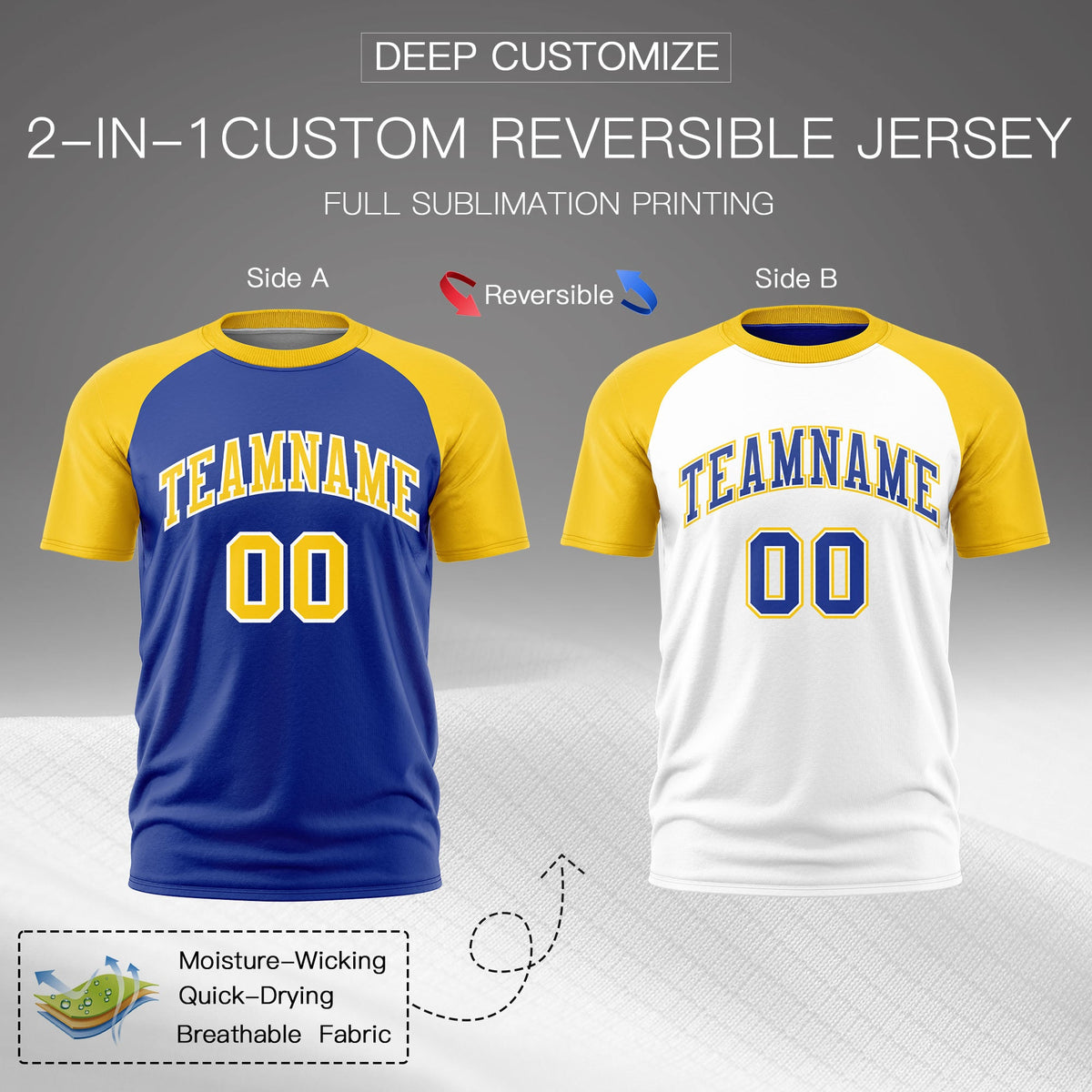 Custom Royal Blue Gold White Reversible Raglan Sleeves Quick Dry T-shirt| KXKSHOP