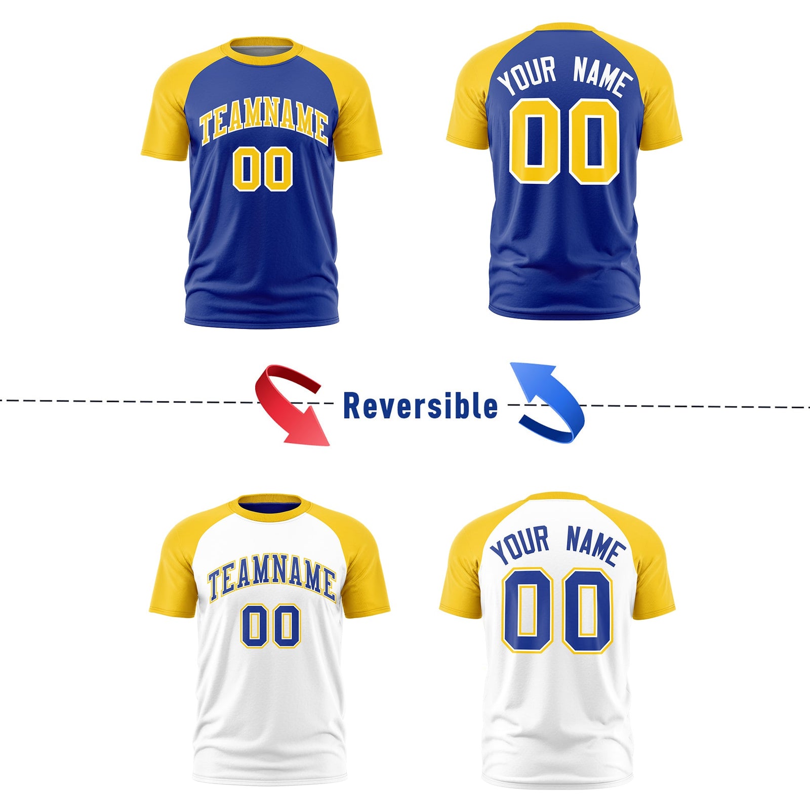 Custom Royal Blue Gold White Reversible Raglan Sleeves Quick Dry T-shirt| KXKSHOP