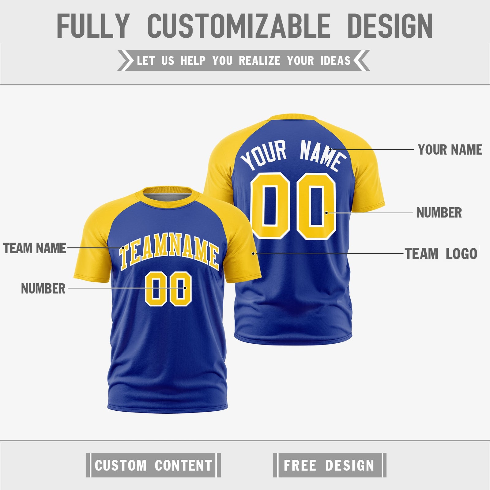 Custom Royal Blue Gold White Reversible Raglan Sleeves Quick Dry T-shirt| KXKSHOP