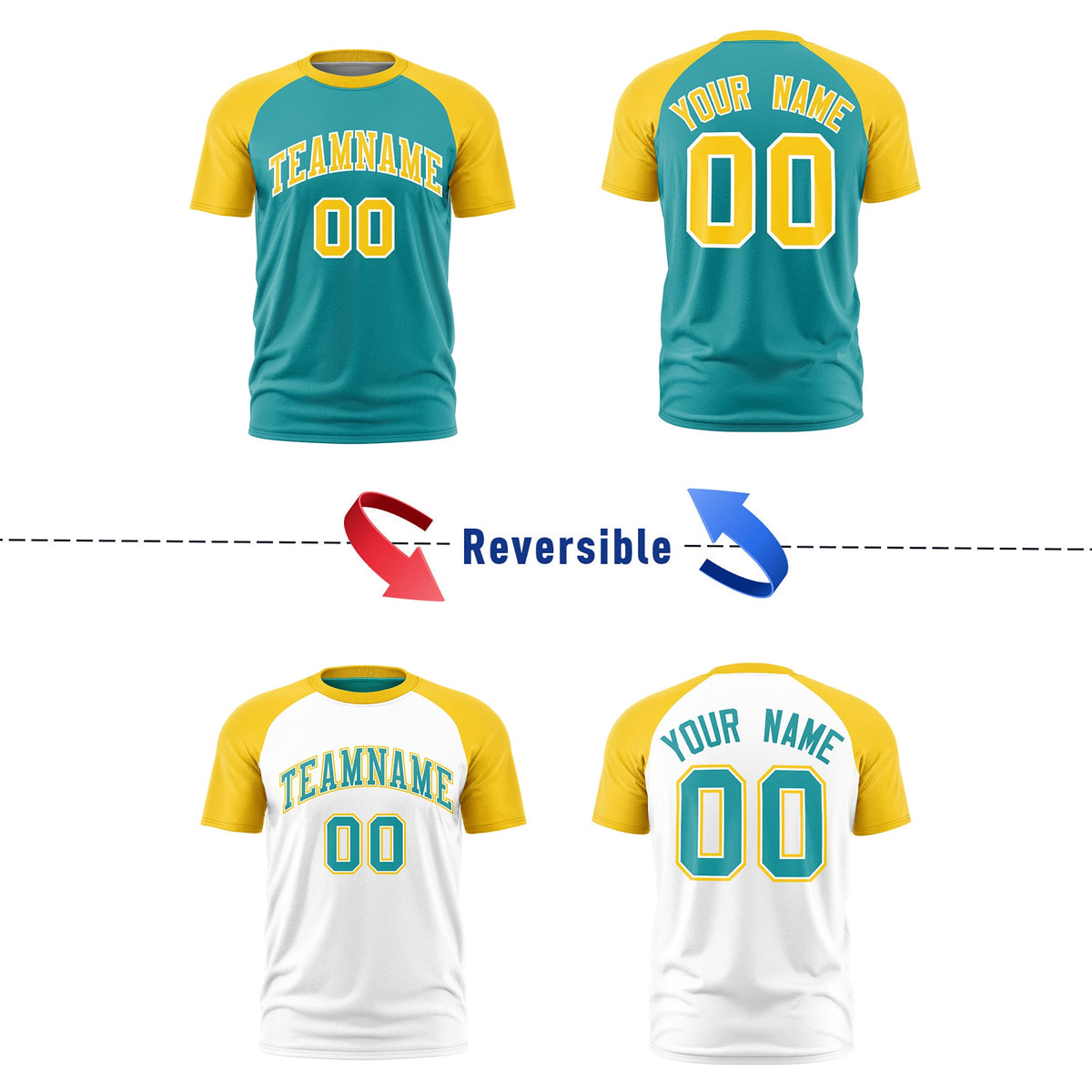 Custom Aqua Gold White Reversible Raglan Sleeves Moisture-Wicking T-shirt| KXKSHOP