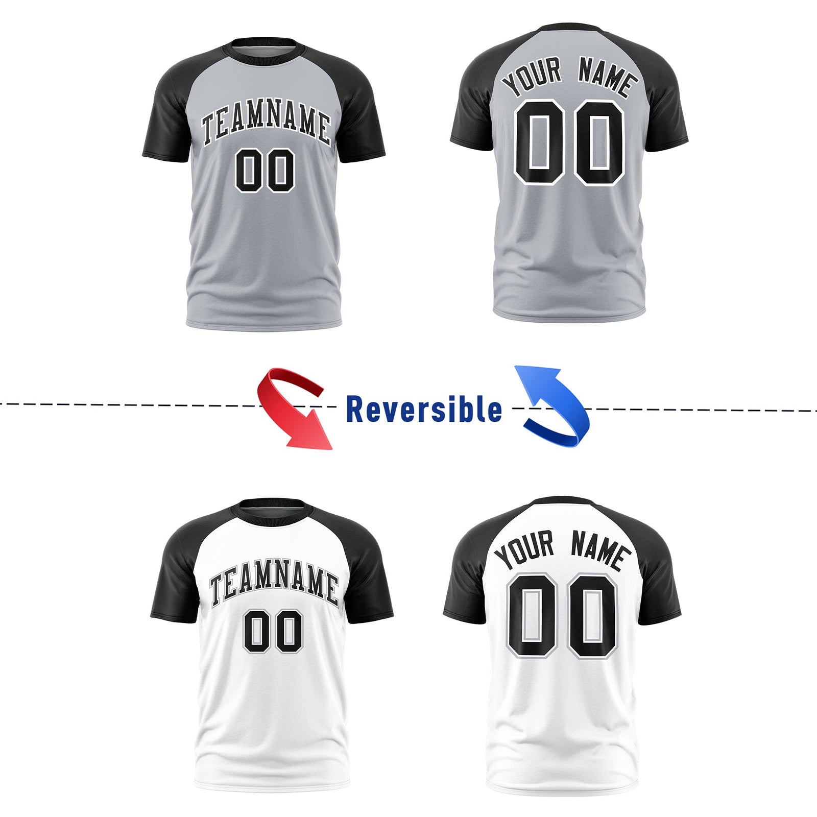 Custom Silver Black White Reversible Raglan Sleeves Quick Dry T-shirt| KXKSHOP
