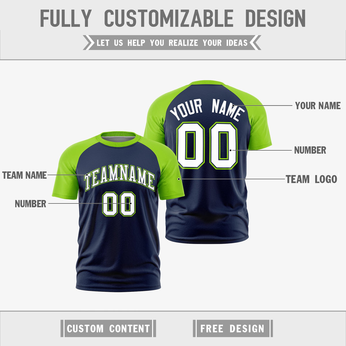 Custom Navy Neon Green White Reversible Raglan Sleeves Quick Dry T-shirt| KXKSHOP