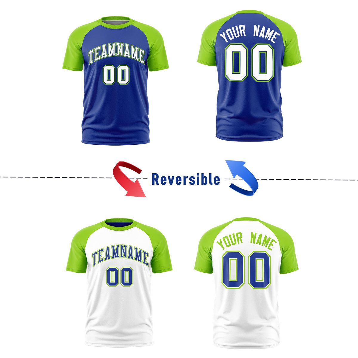 Custom Royal Blue Neon Green White Reversible Raglan Sleeves Moisture-Wicking T-shirt| KXKSHOP