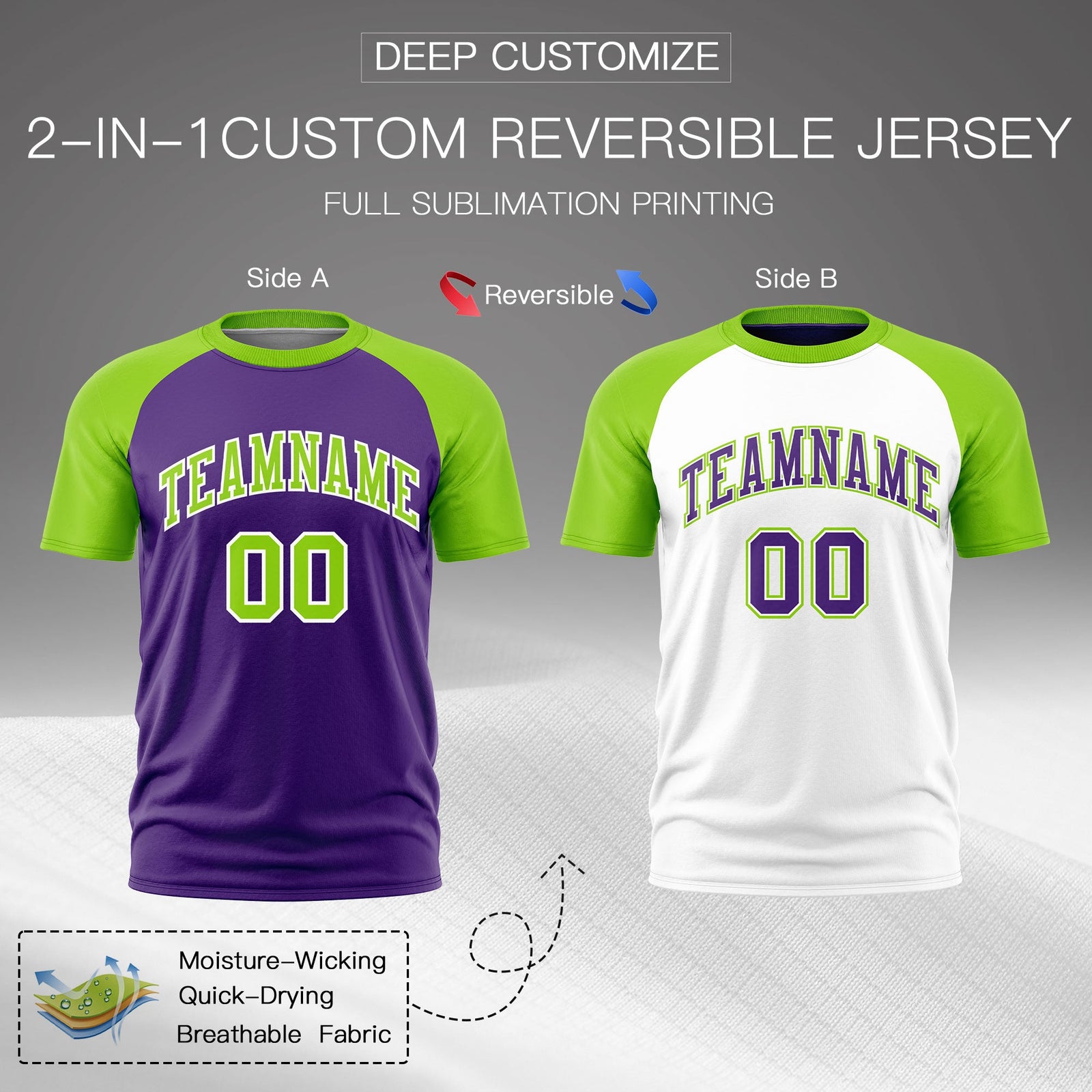 Custom Purple Neon Green White Reversible Raglan Sleeves Moisture-Wicking T-shirt| KXKSHOP