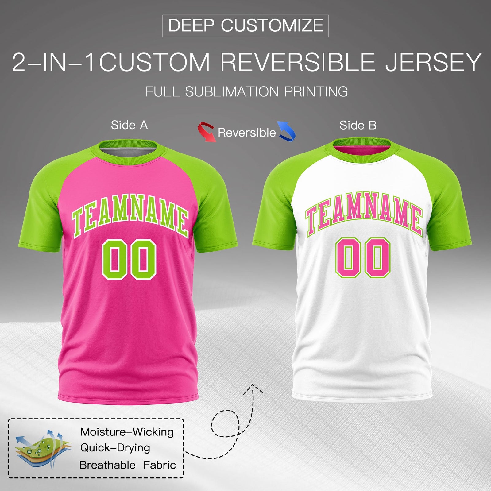 Custom Pink Neon Green White Reversible Raglan Sleeves Quick Dry T-shirt| KXKSHOP