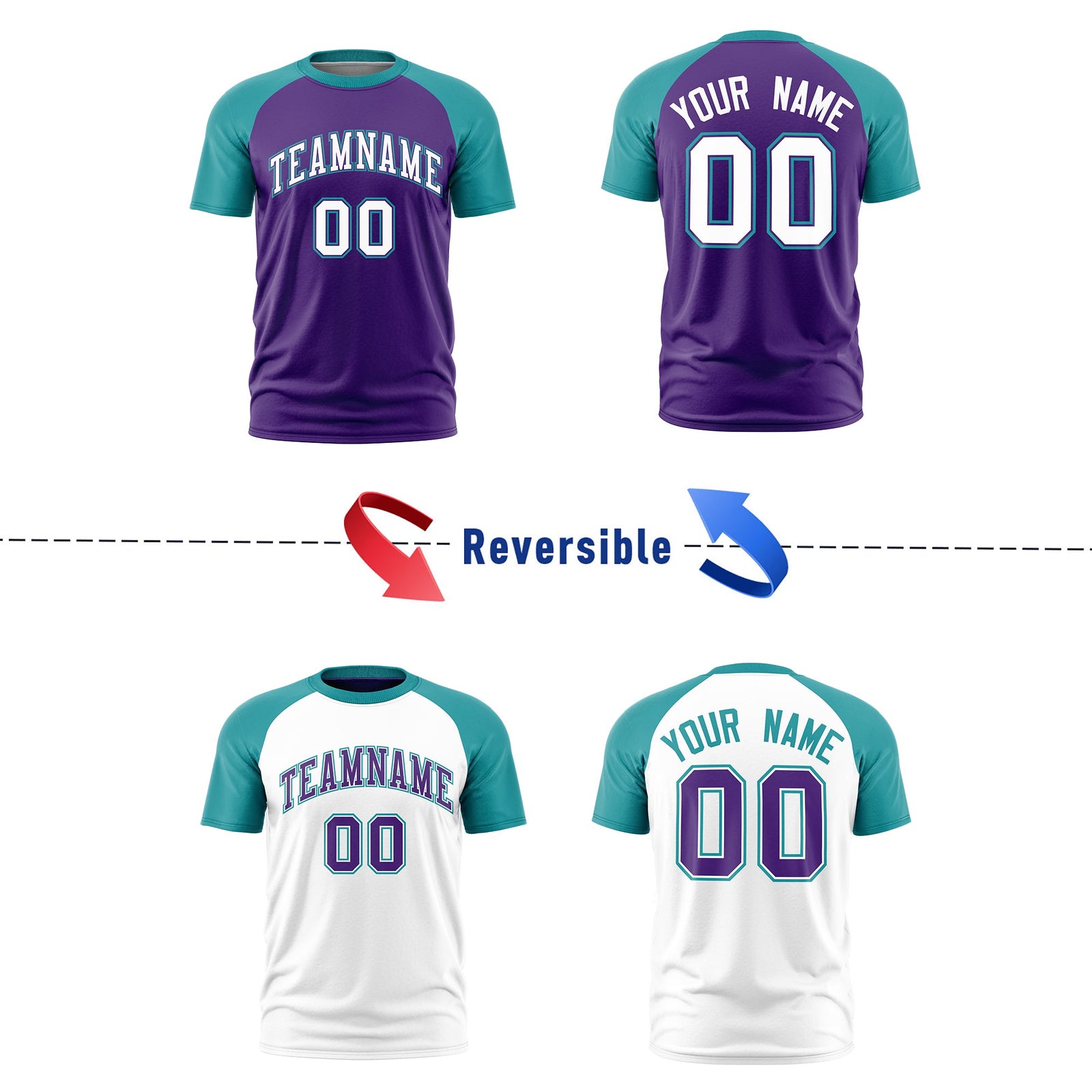 Custom Purple Teal White Reversible Raglan Sleeves Quick Dry T-shirt| KXKSHOP