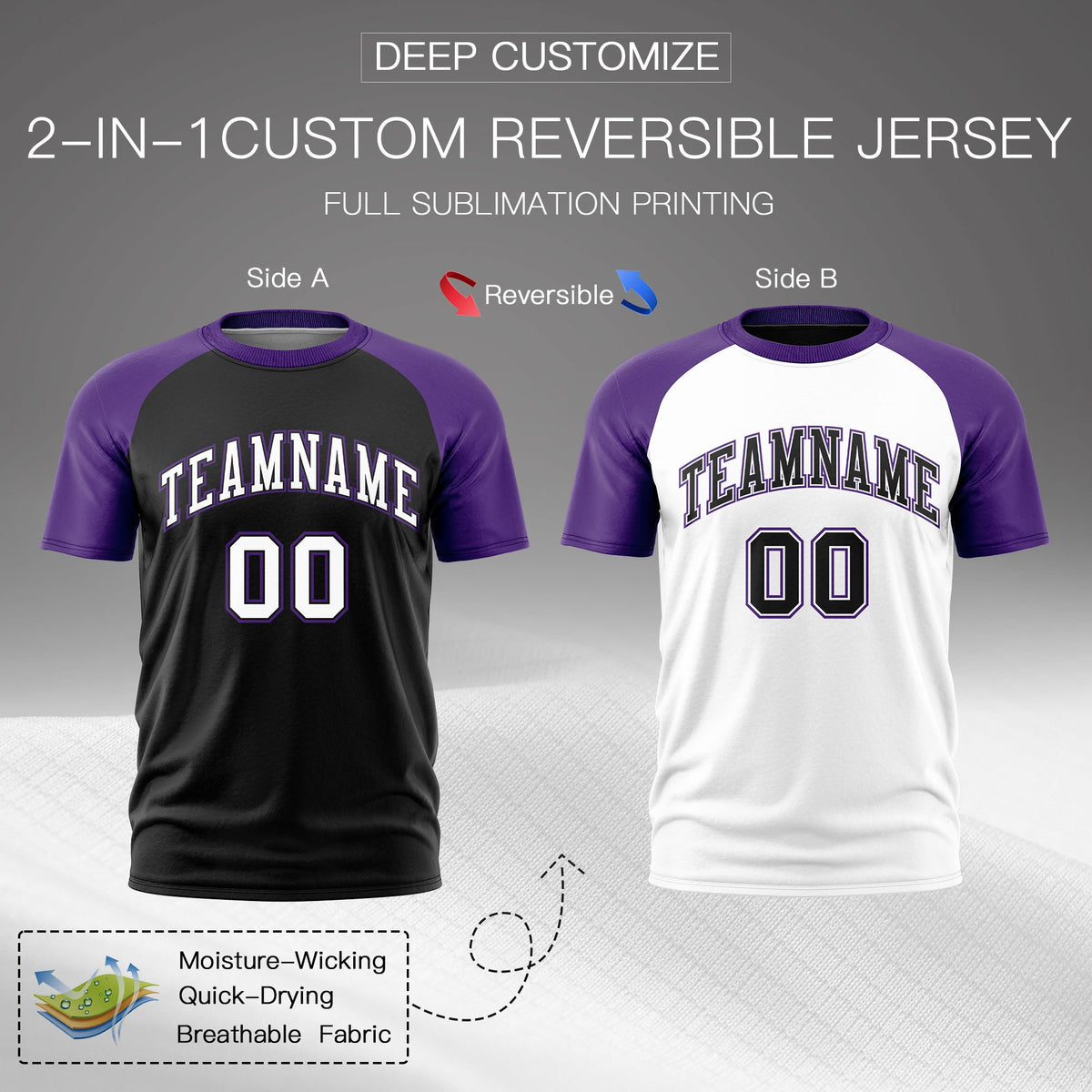 Custom Black Purple White Reversible Raglan Sleeves Moisture-Wicking T-shirt| KXKSHOP