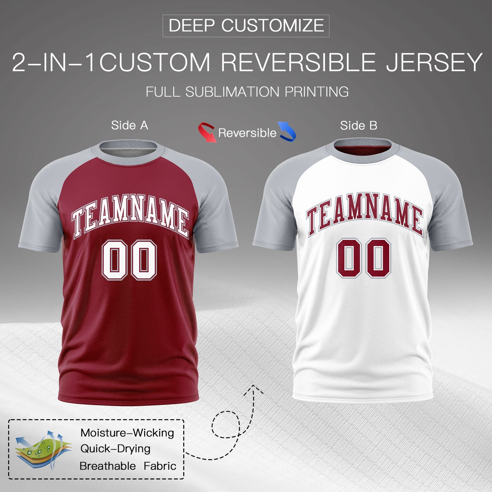 Custom Crimson Silver White Reversible Raglan Sleeves Moisture-Wicking T-shirt| KXKSHOP