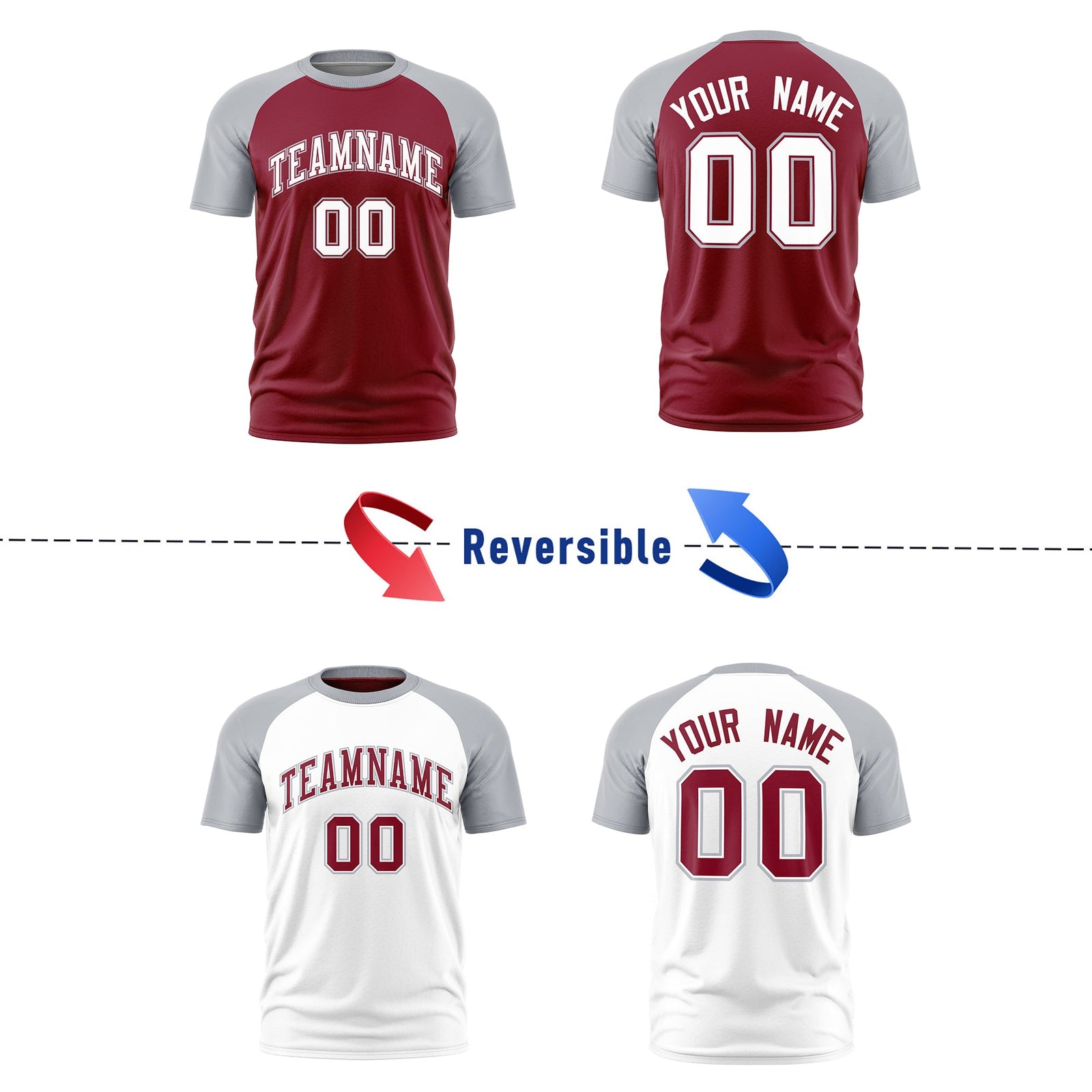 Custom Crimson Silver White Reversible Raglan Sleeves Moisture-Wicking T-shirt| KXKSHOP