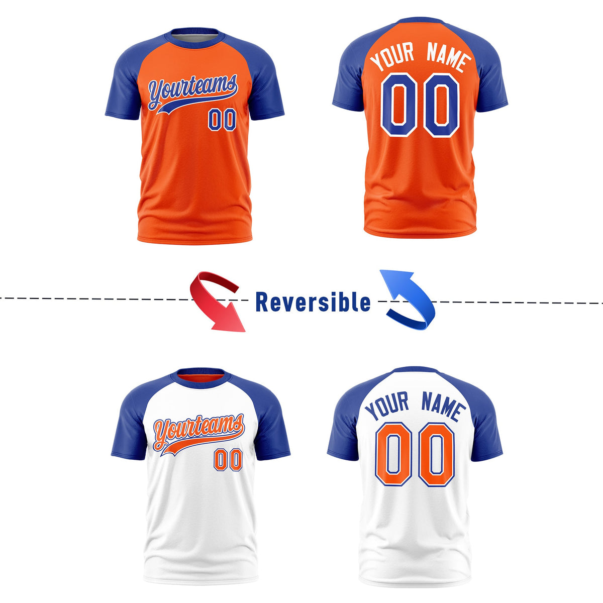 Custom Orange Royal Blue White Reversible Raglan Sleeves Quick Dry T-shirt| KXKSHOP