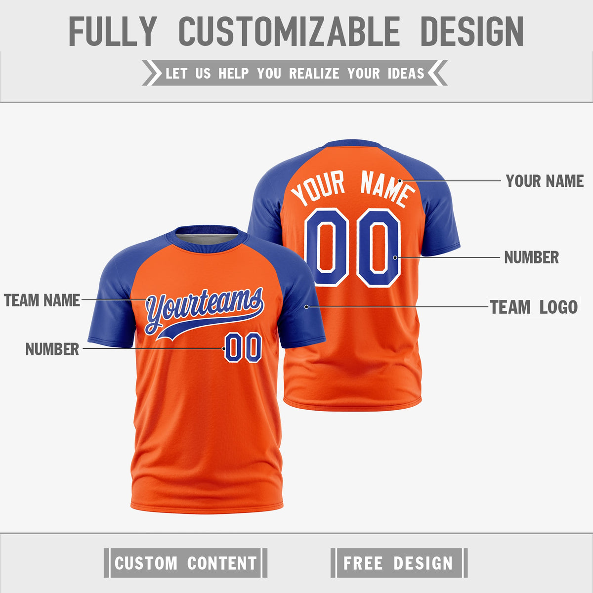Custom Orange Royal Blue White Reversible Raglan Sleeves Quick Dry T-shirt| KXKSHOP
