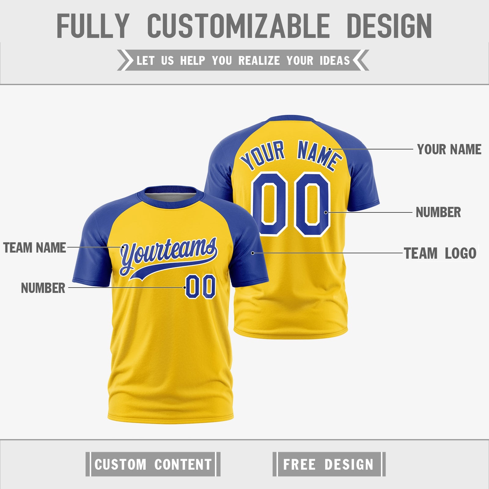 Custom Gold Royal Blue White Reversible Raglan Sleeves Moisture-Wicking T-shirt| KXKSHOP
