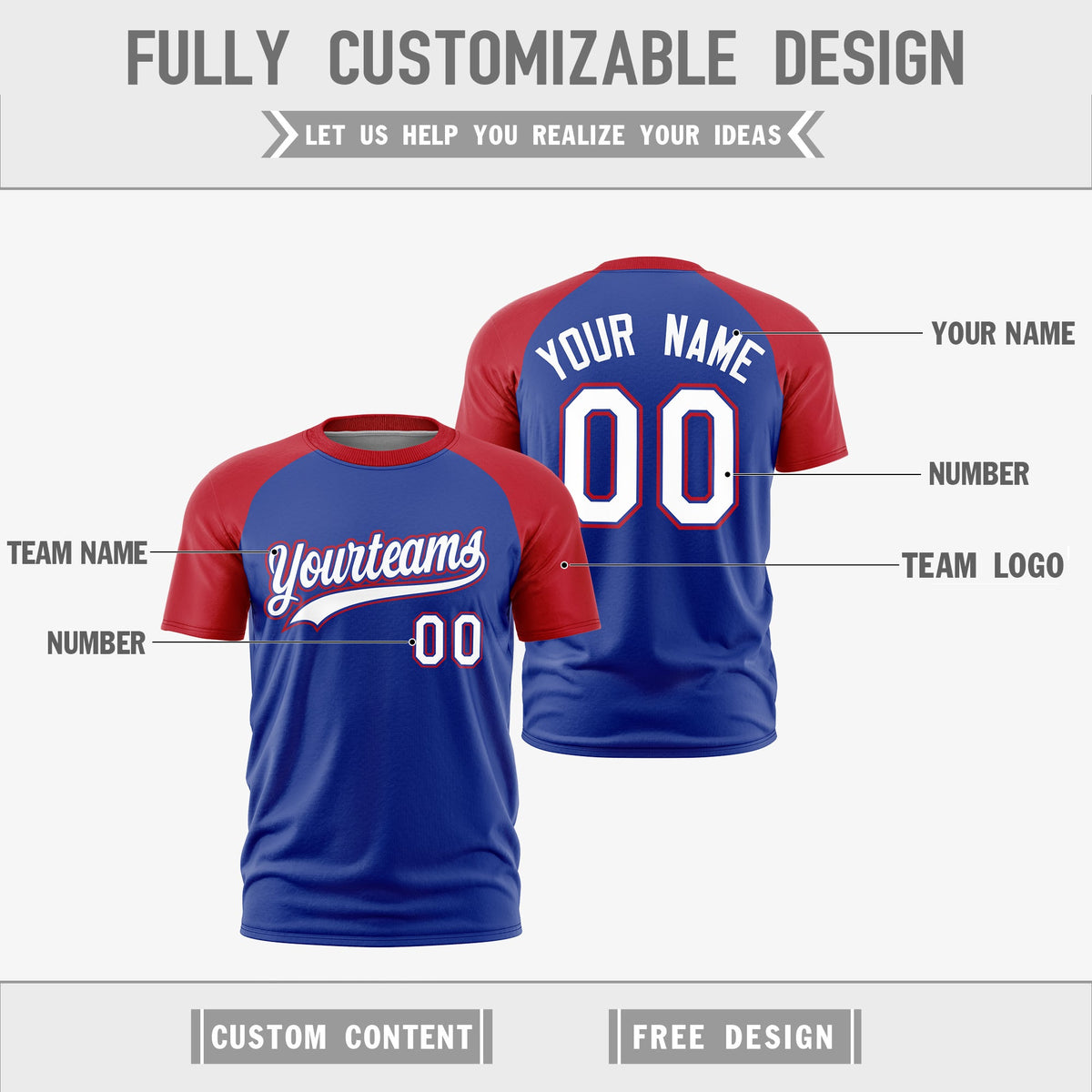 Custom Royal Blue Red White Reversible Raglan Sleeves Quick Dry T-shirt| KXKSHOP