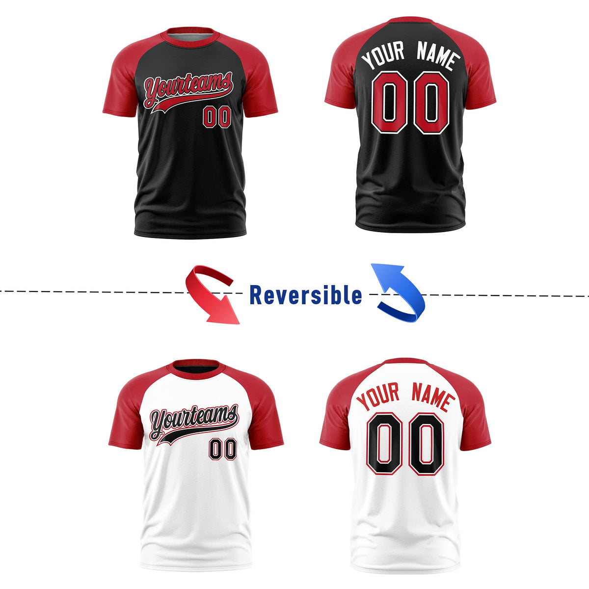 Custom Red Black White Reversible Raglan Sleeves Moisture-Wicking T-shirt| KXKSHOP