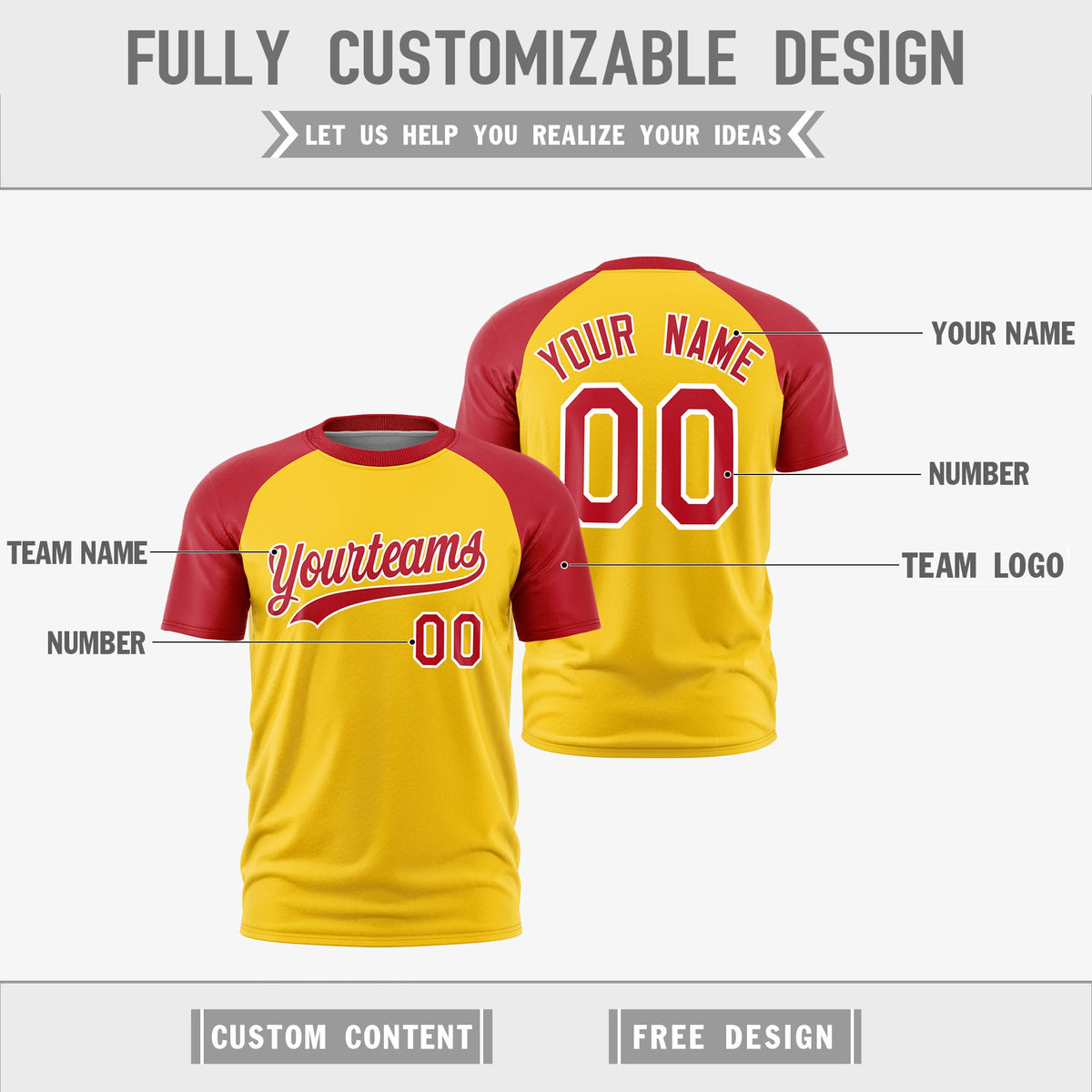 Custom Gold Red White Reversible Raglan Sleeves Moisture-Wicking T-shirt| KXKSHOP