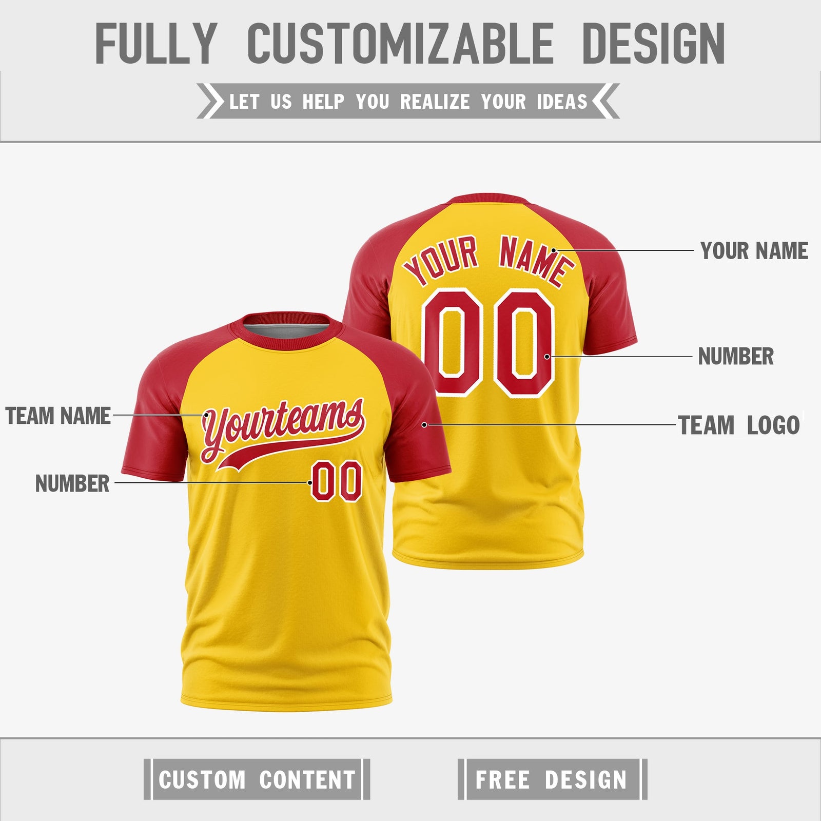 Custom Gold Red White Reversible Raglan Sleeves Moisture-Wicking T-shirt| KXKSHOP